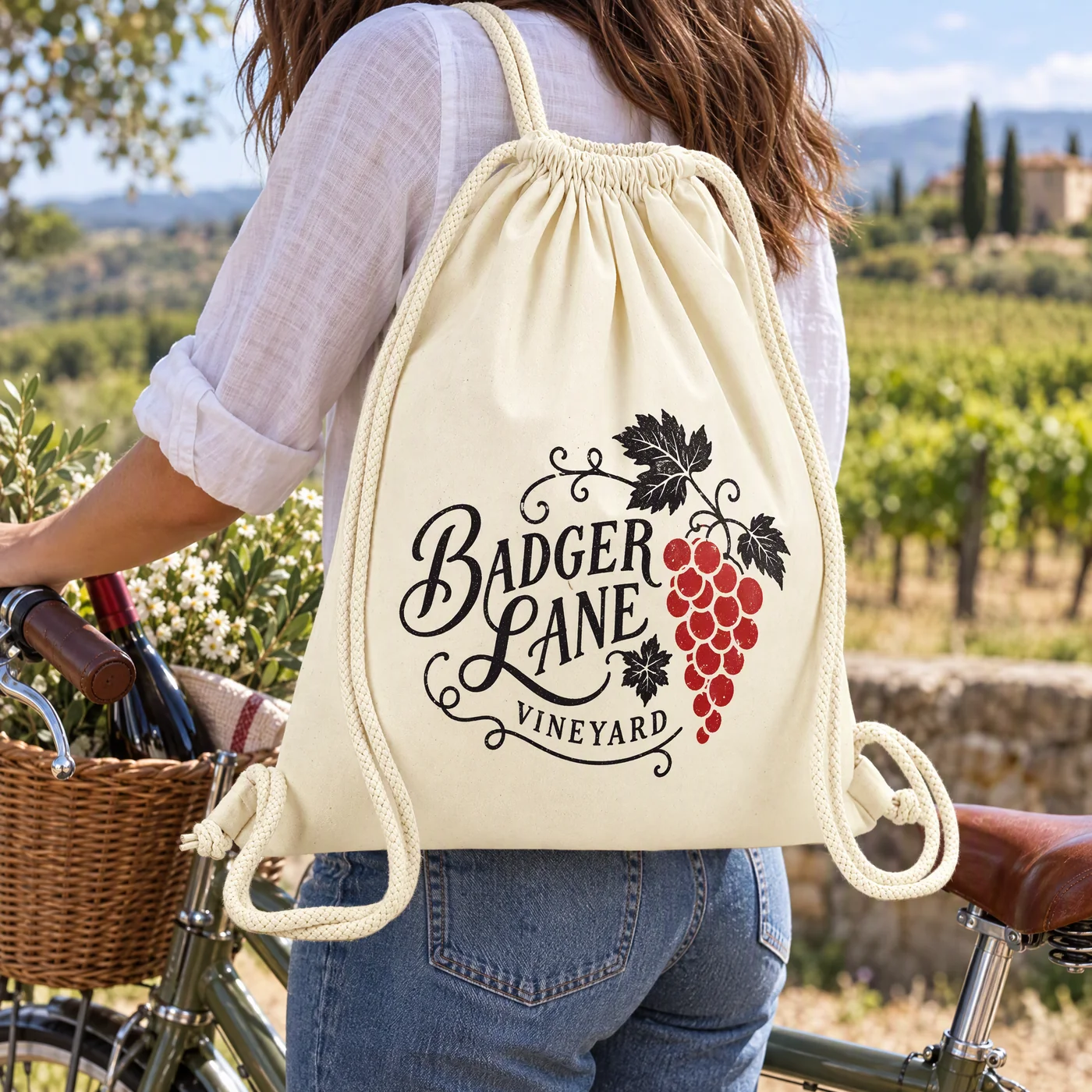 Premium Organic Cotton Drawstring Bag in Natural lifestyle