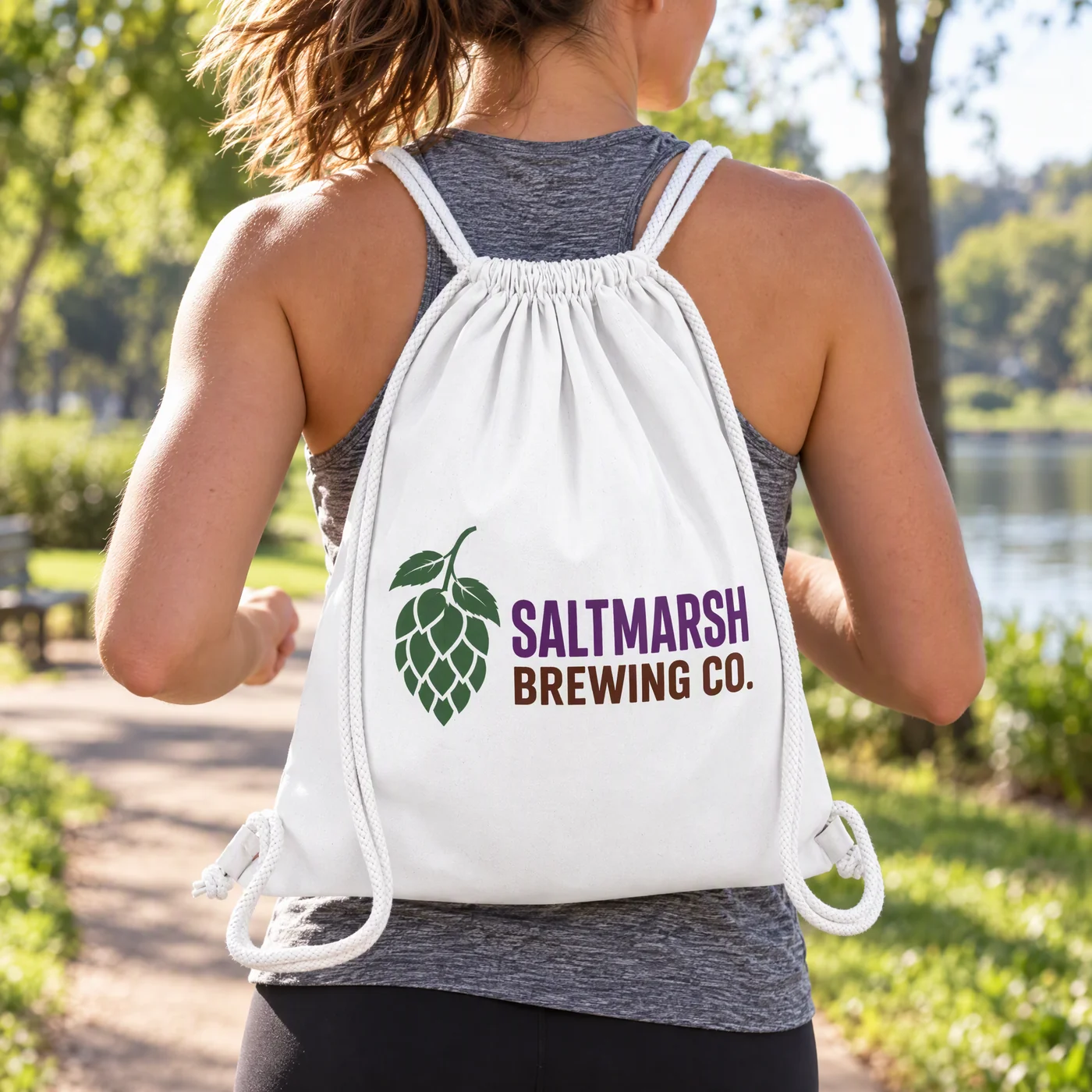 Organic Cotton Gymsac in White with Matching Cords lifestyle