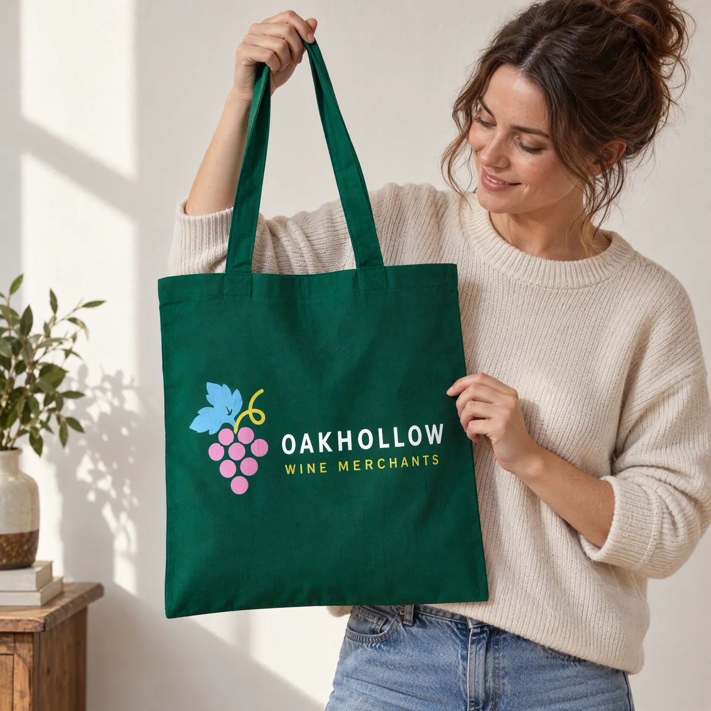 Bottle Green Cotton Tote Bag with Long Handles lifestyle