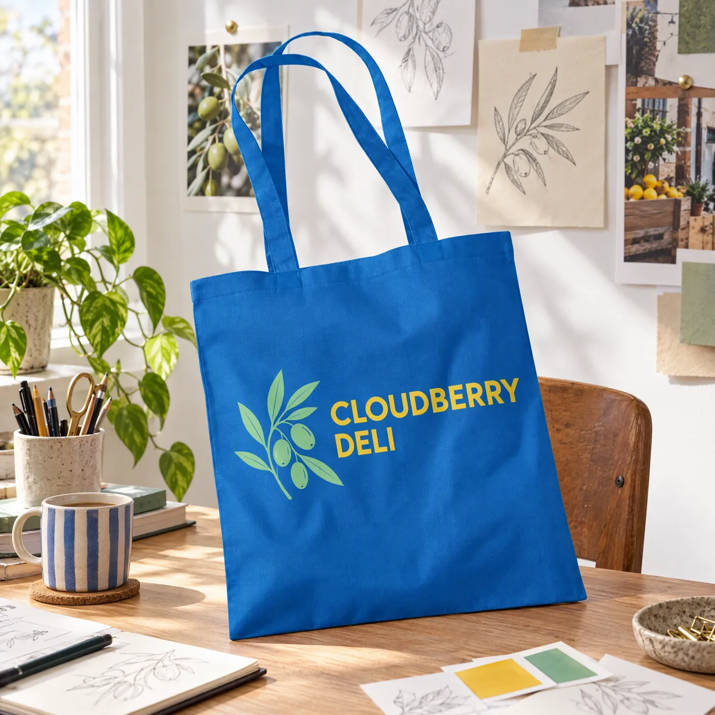 Sapphire Blue Tote Bag in Cotton, Long Handles lifestyle