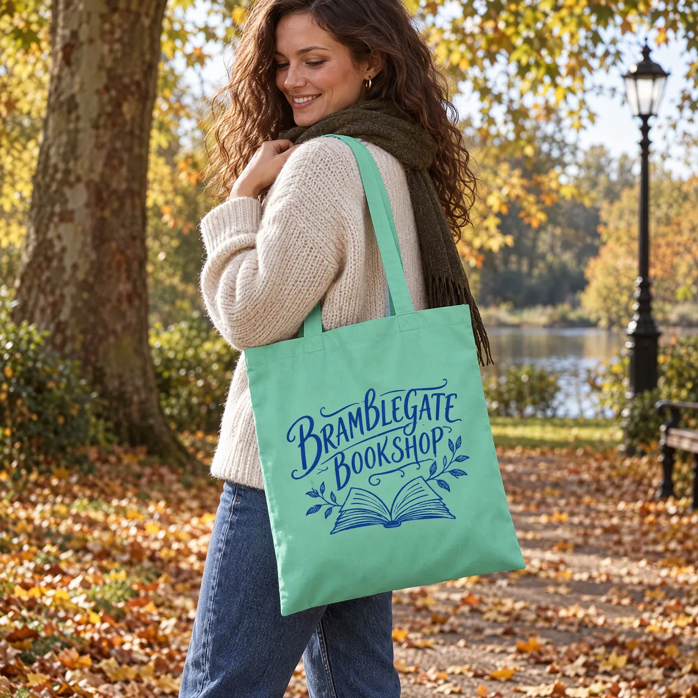 Mint Green Cotton Tote Bag, Long Handles lifestyle