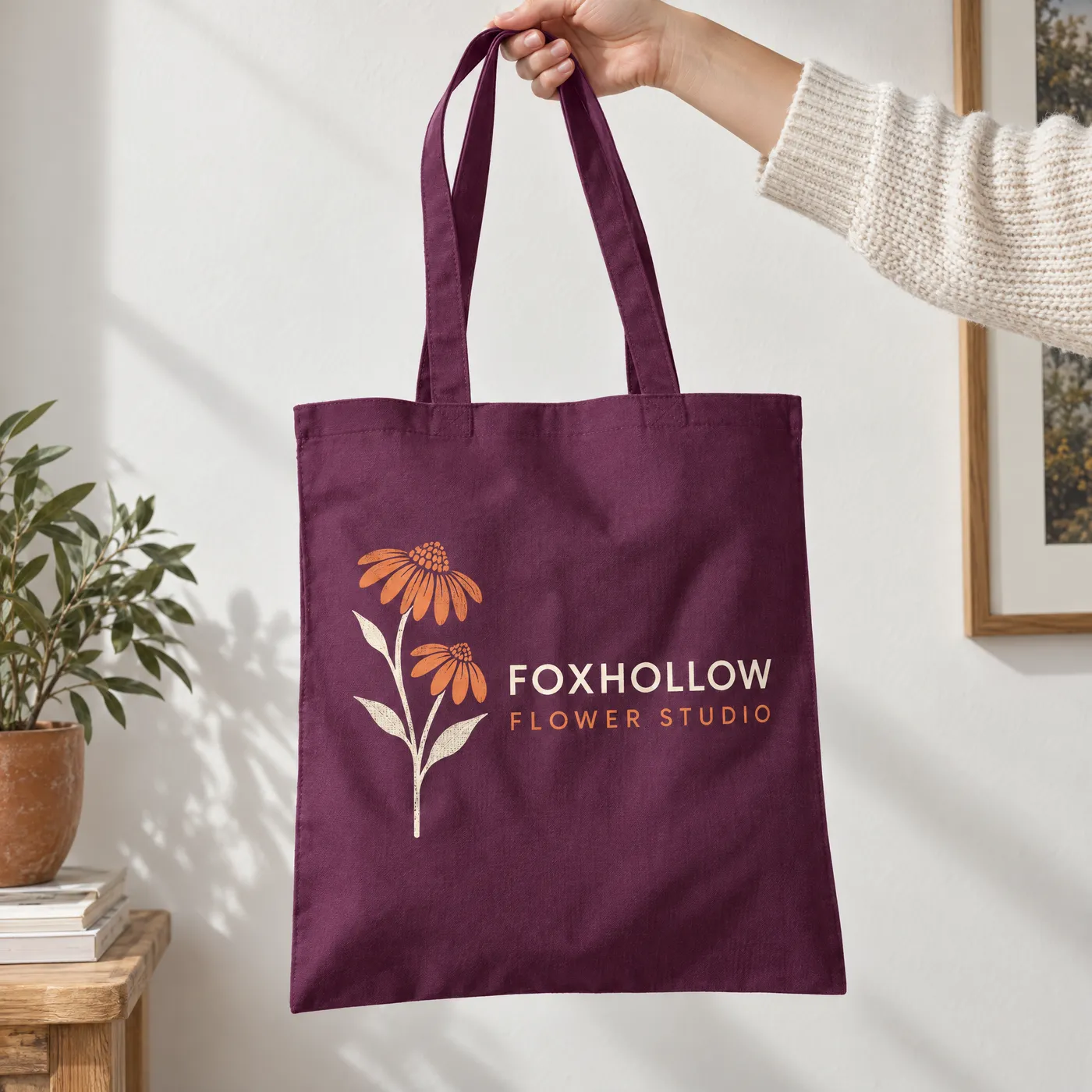 Plum Cotton Tote Bag with Long Carry Handles lifestyle