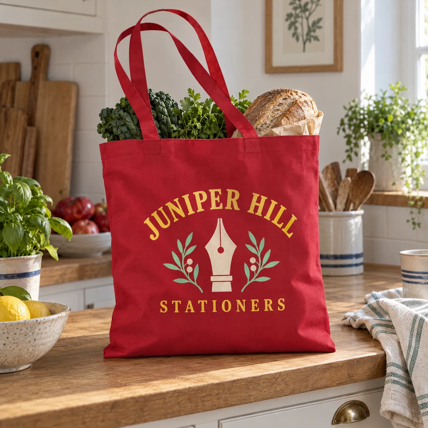 Classic Red Cotton Tote Bag, Long Handles lifestyle
