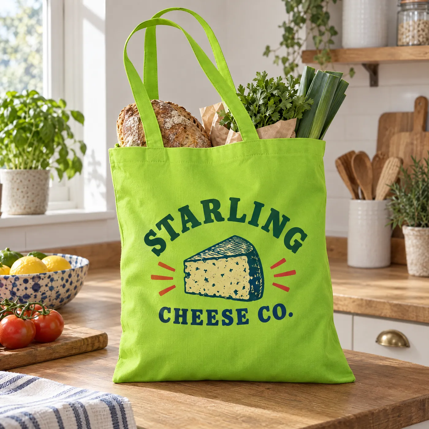 Lime Green Long Handle Cotton Tote Bag lifestyle