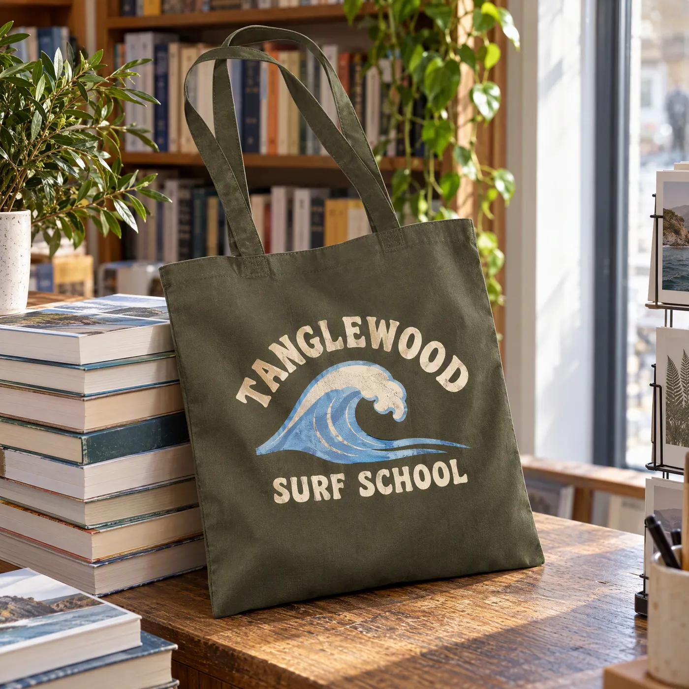 Olive Green Tote Bag in Cotton with Long Handles lifestyle