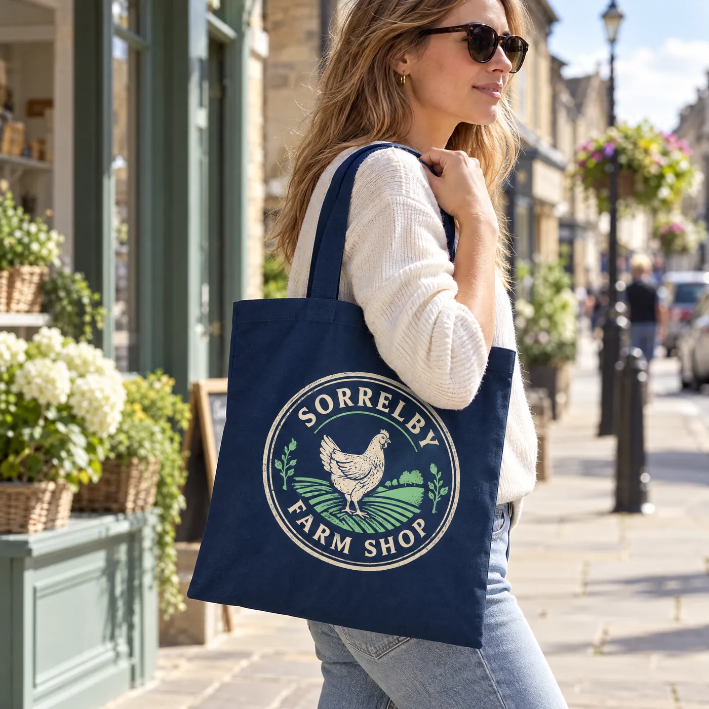 French Navy Short Handle Cotton Tote Bag lifestyle