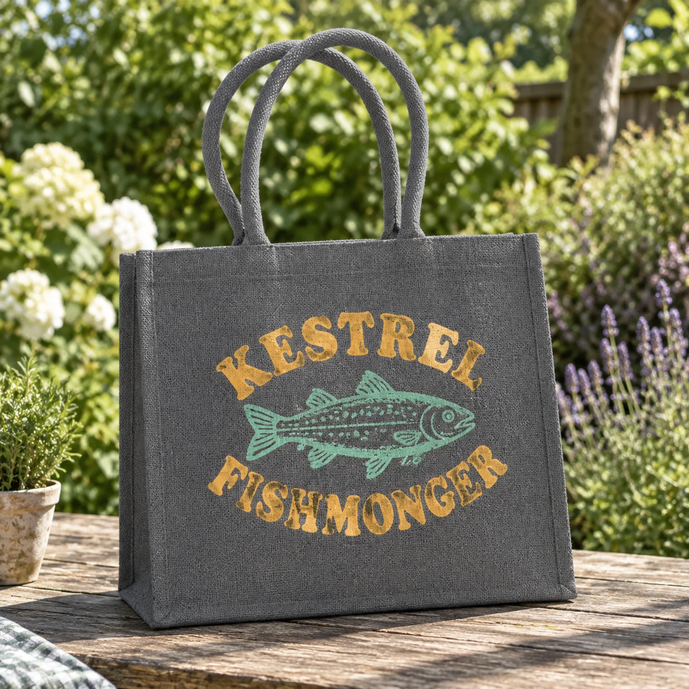 Graphite Grey Jute Bag with Cotton Carry Handles lifestyle