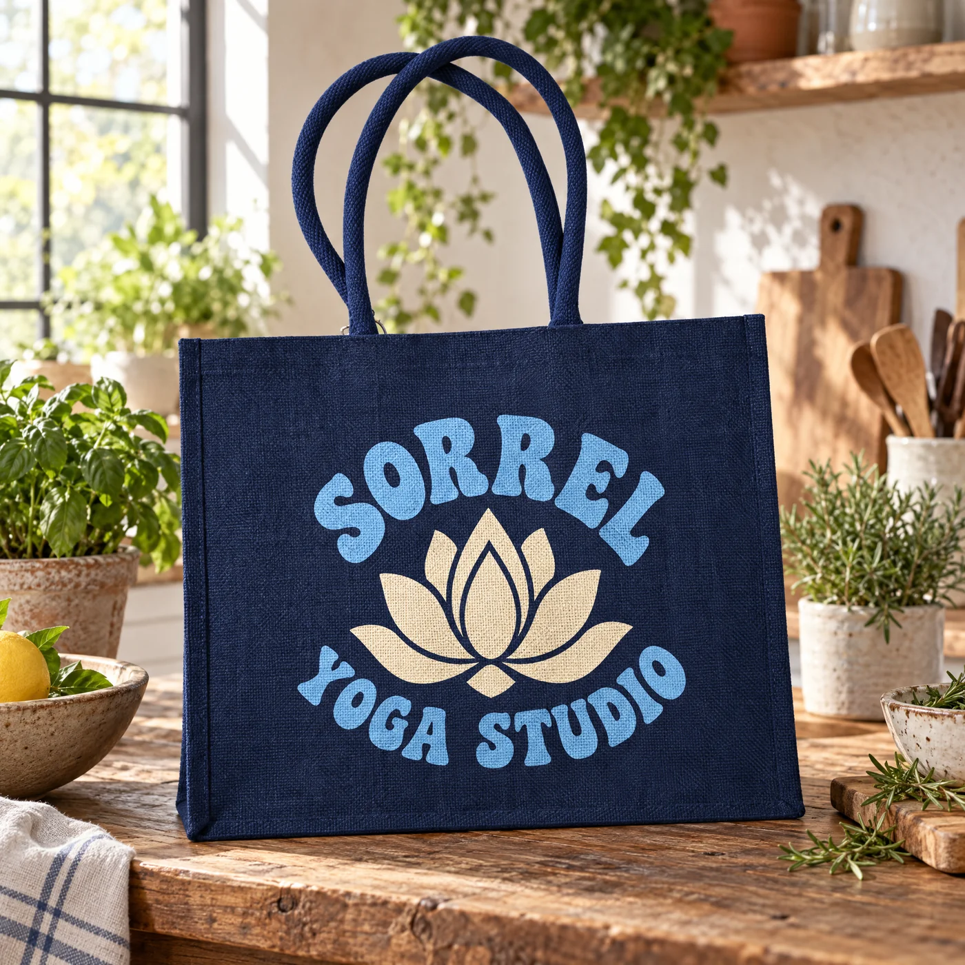 Printed Navy Jute Shopper with Cotton Handles lifestyle