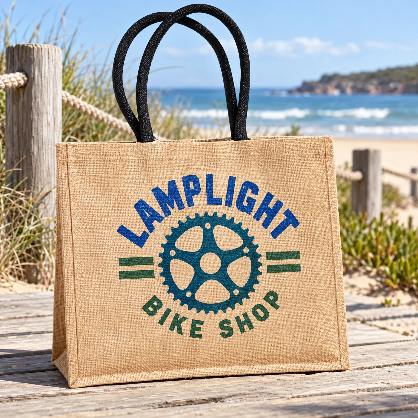 Natural Jute Shopping Bag with Black Cotton Handles lifestyle
