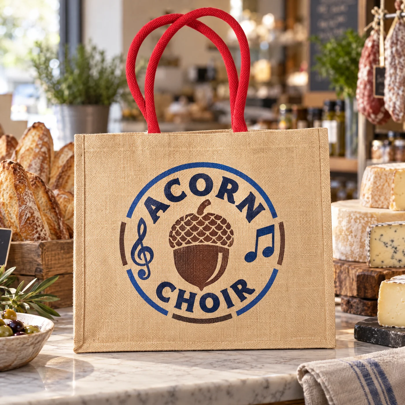 Natural jute bag with red handles, printed with a choir logo, on a deli counter with bread and cheese