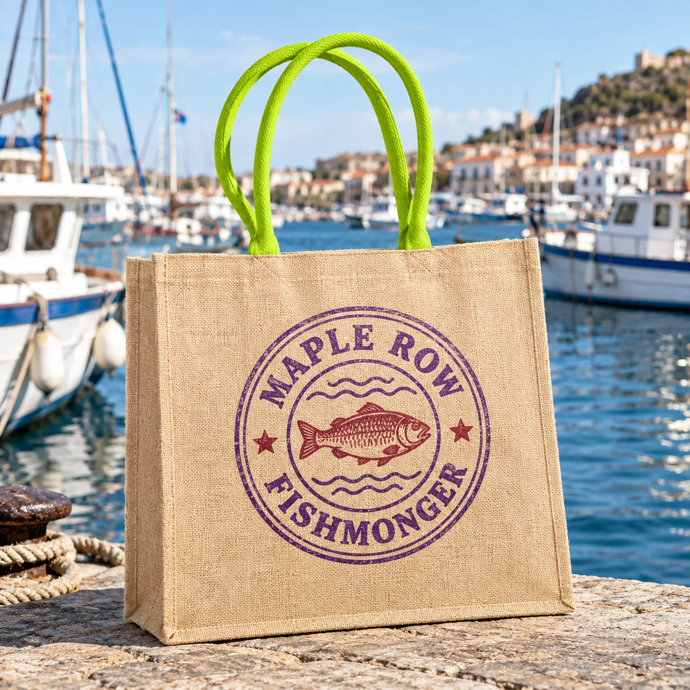 Natural Jute Bag with Lime Green Cotton Handles lifestyle