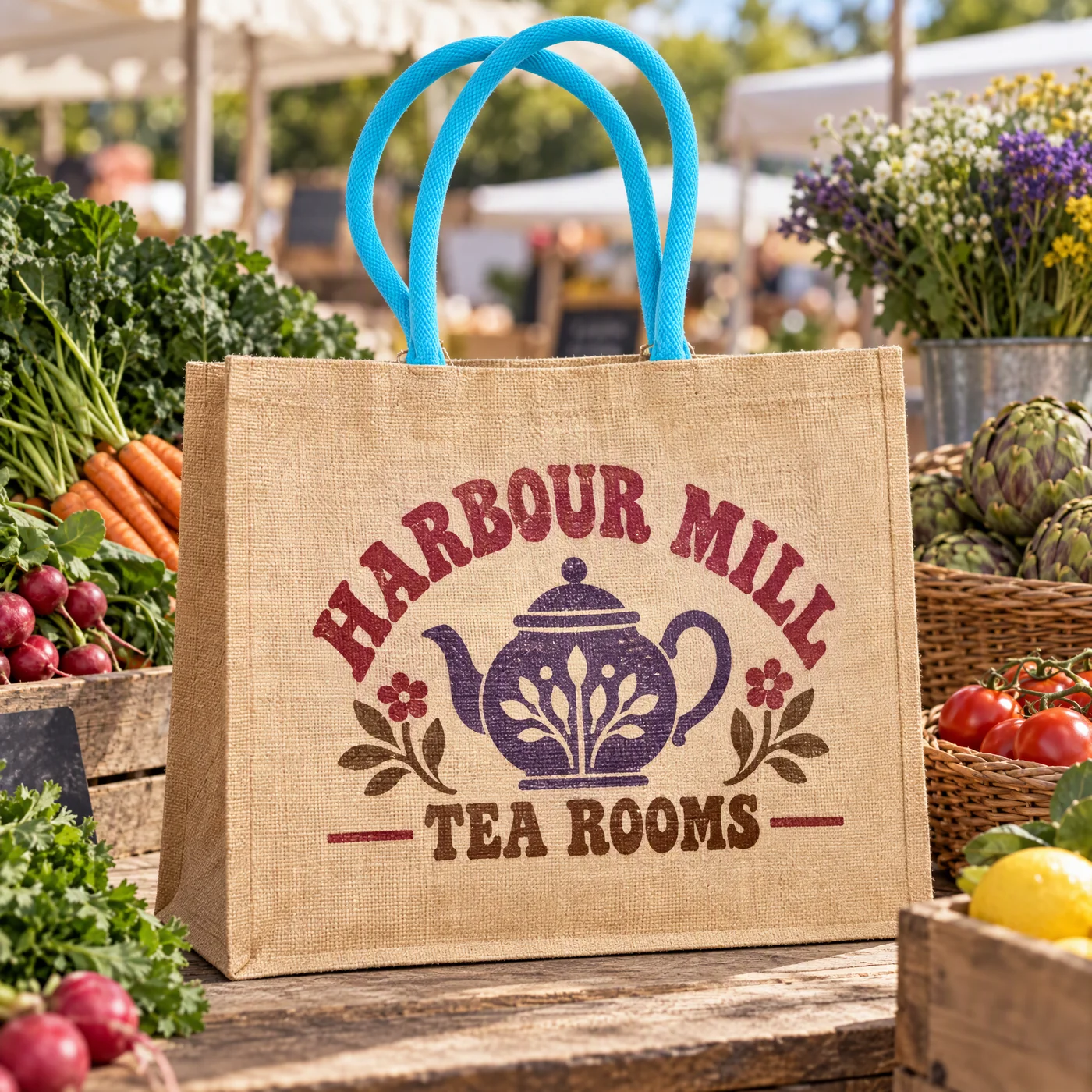 Classic Jute Shopping Bag with Surf Blue Handles lifestyle
