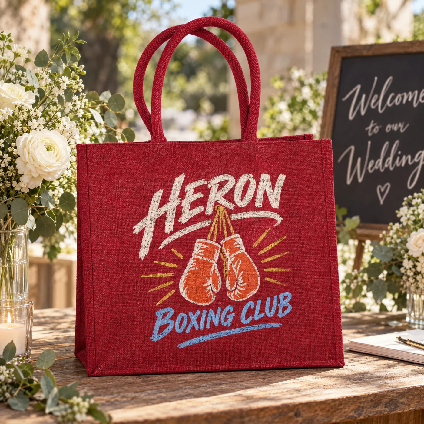 Red jute bag printed with a boxing club logo, beside white flowers and a welcome to our wedding sign