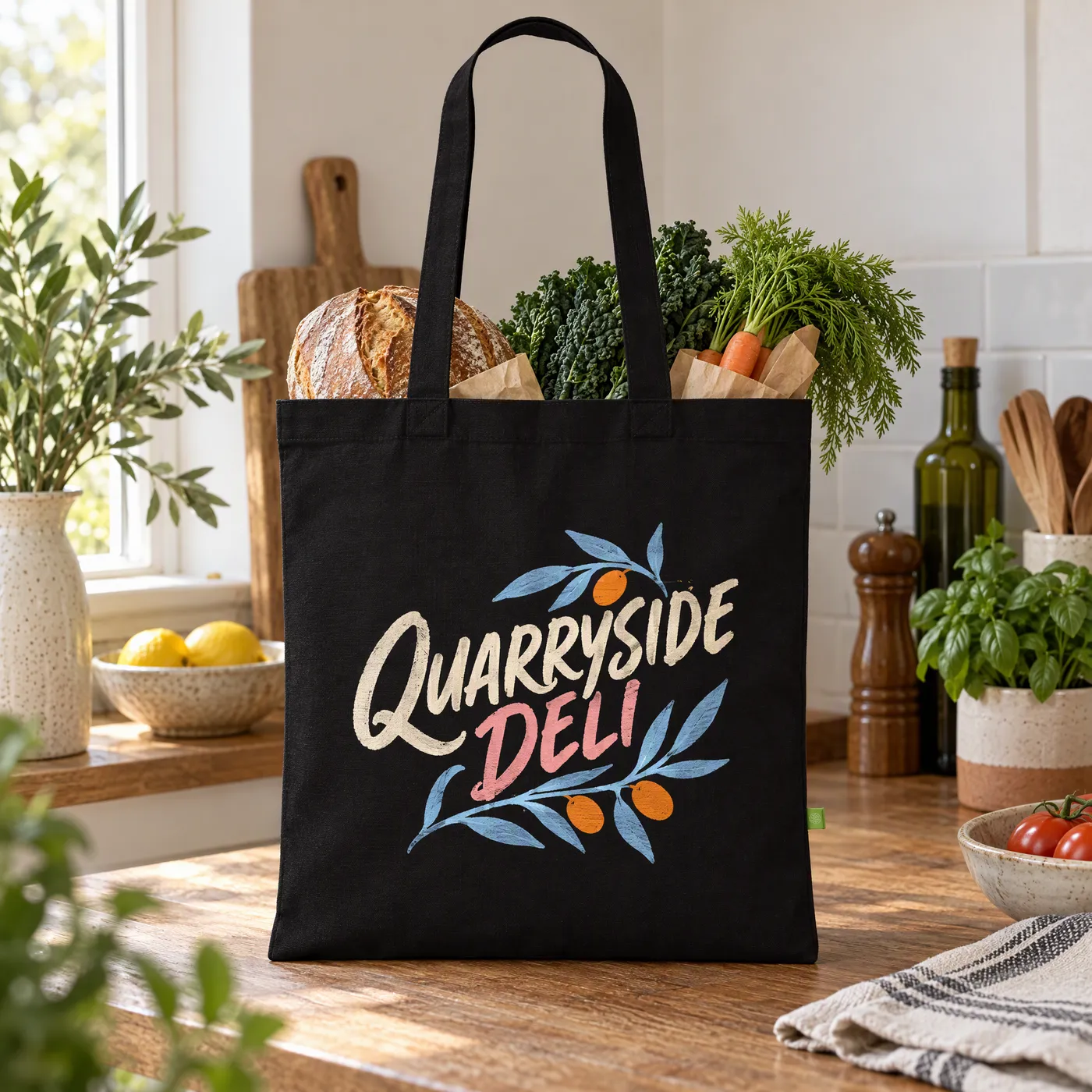Black GOTS Organic Cotton Tote Bag with 70cm Handles lifestyle