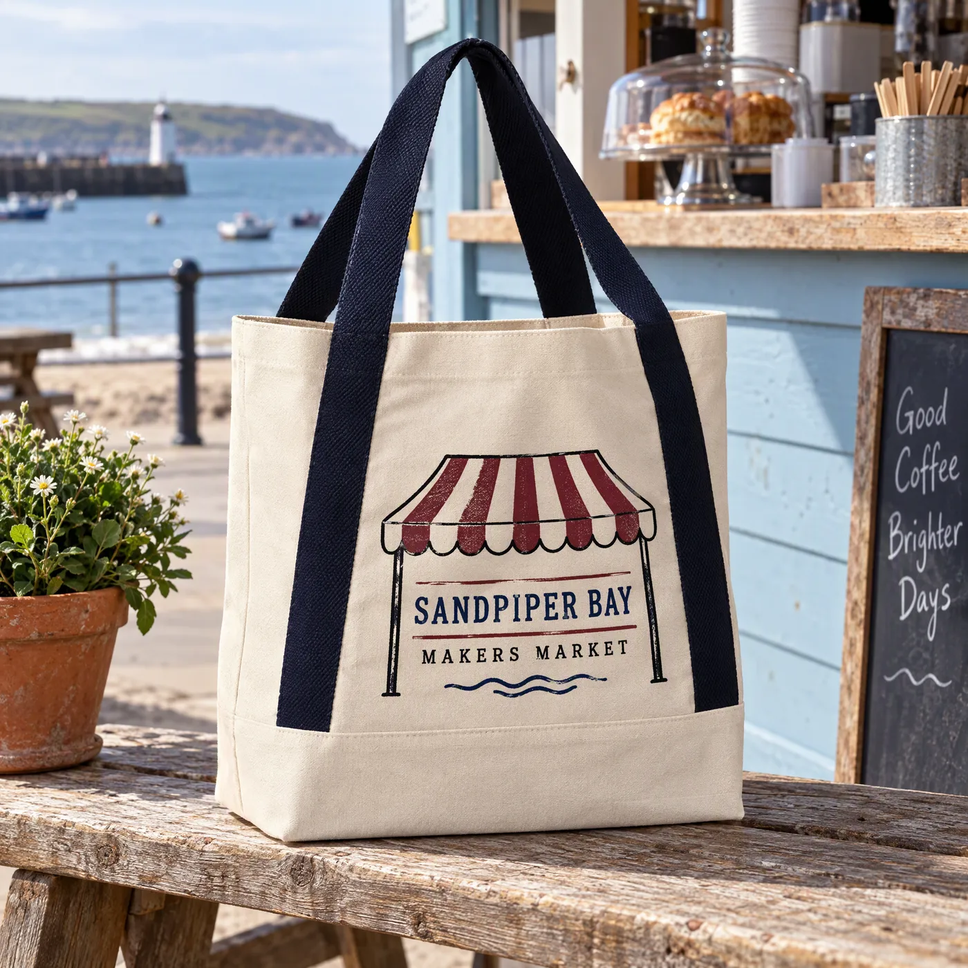 Recycled Contrast Strap Tote Bag in Natural and Navy lifestyle