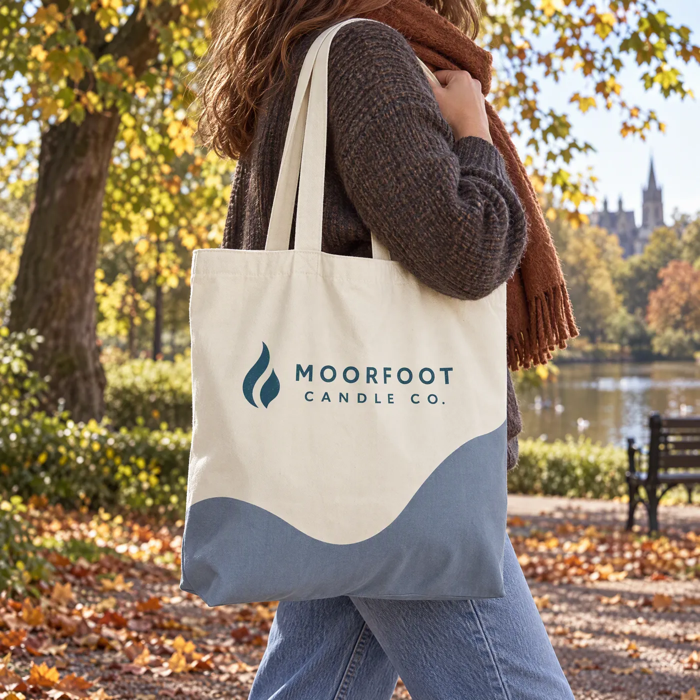 Natural Organic Wave Tote Bag with Blue Grey Wave Print lifestyle
