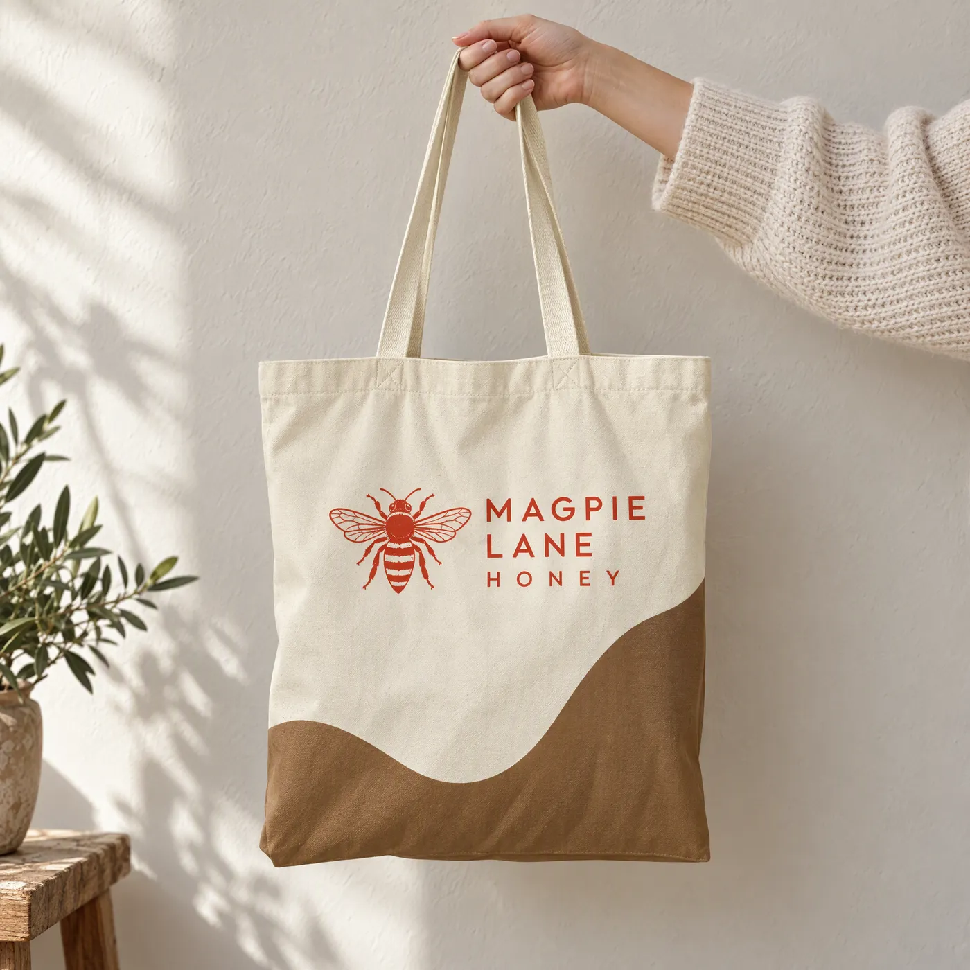 Organic Cotton Wave Tote Bag in Natural and Caramel lifestyle