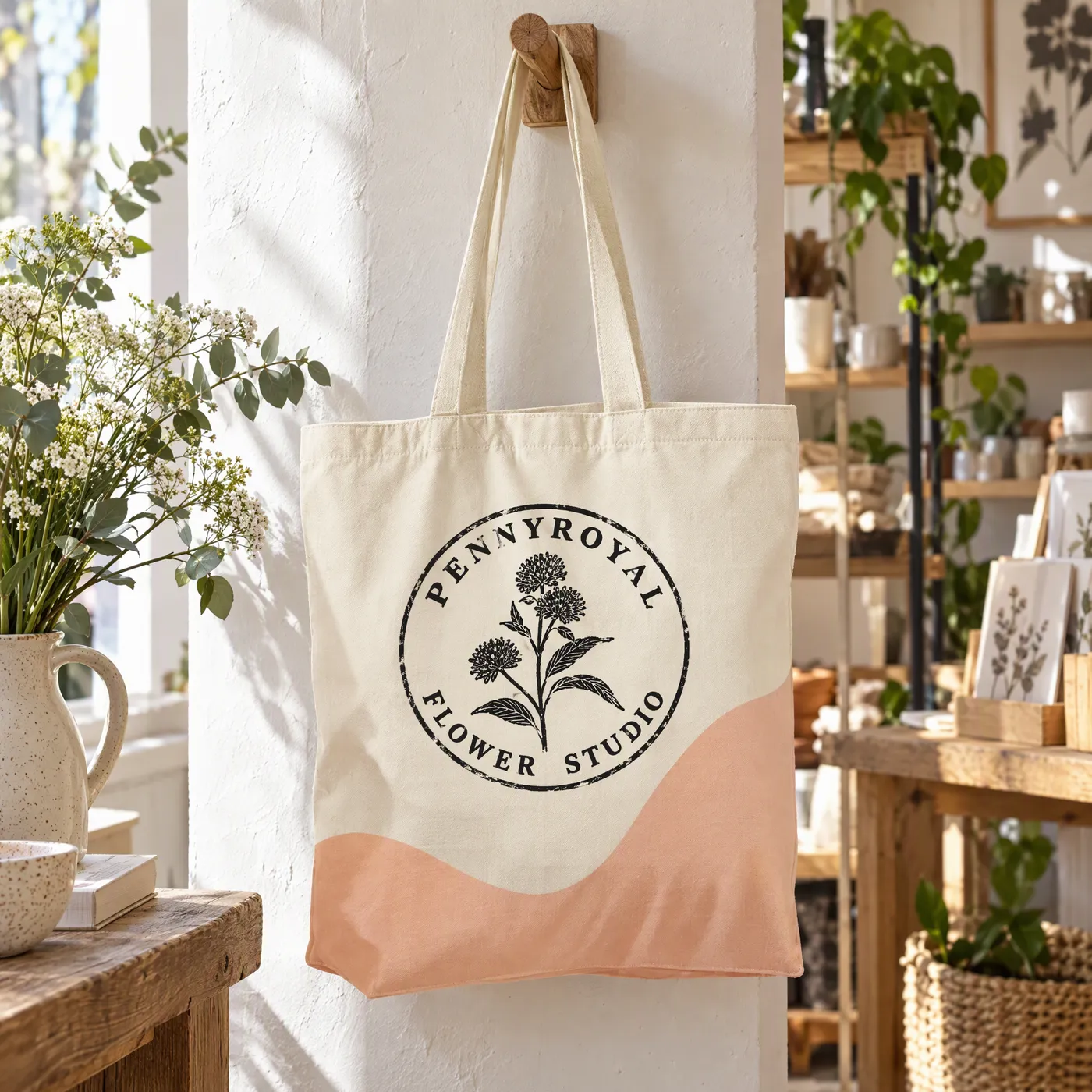Organic Cotton Wave Tote Bag with a Peach Wave Print lifestyle