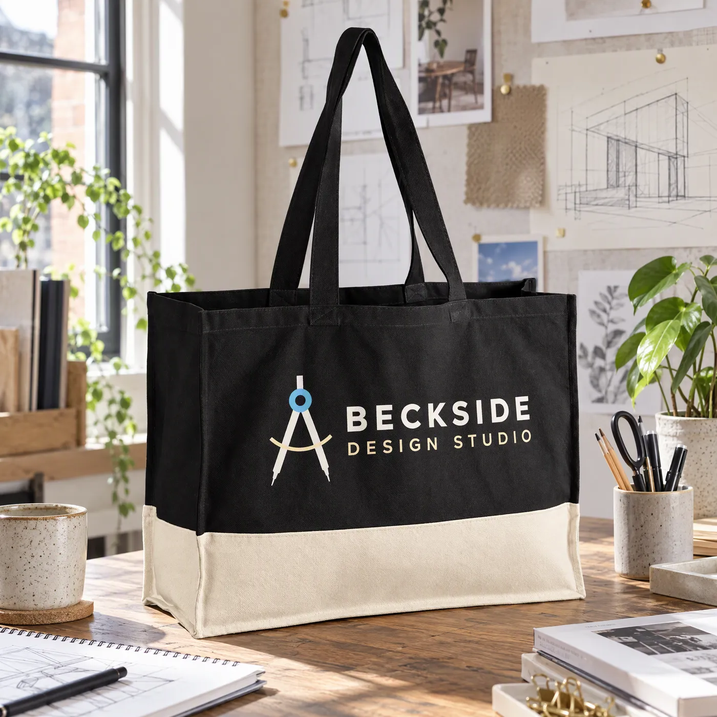 Black and Natural Organic Canvas Contrast Panel Tote lifestyle