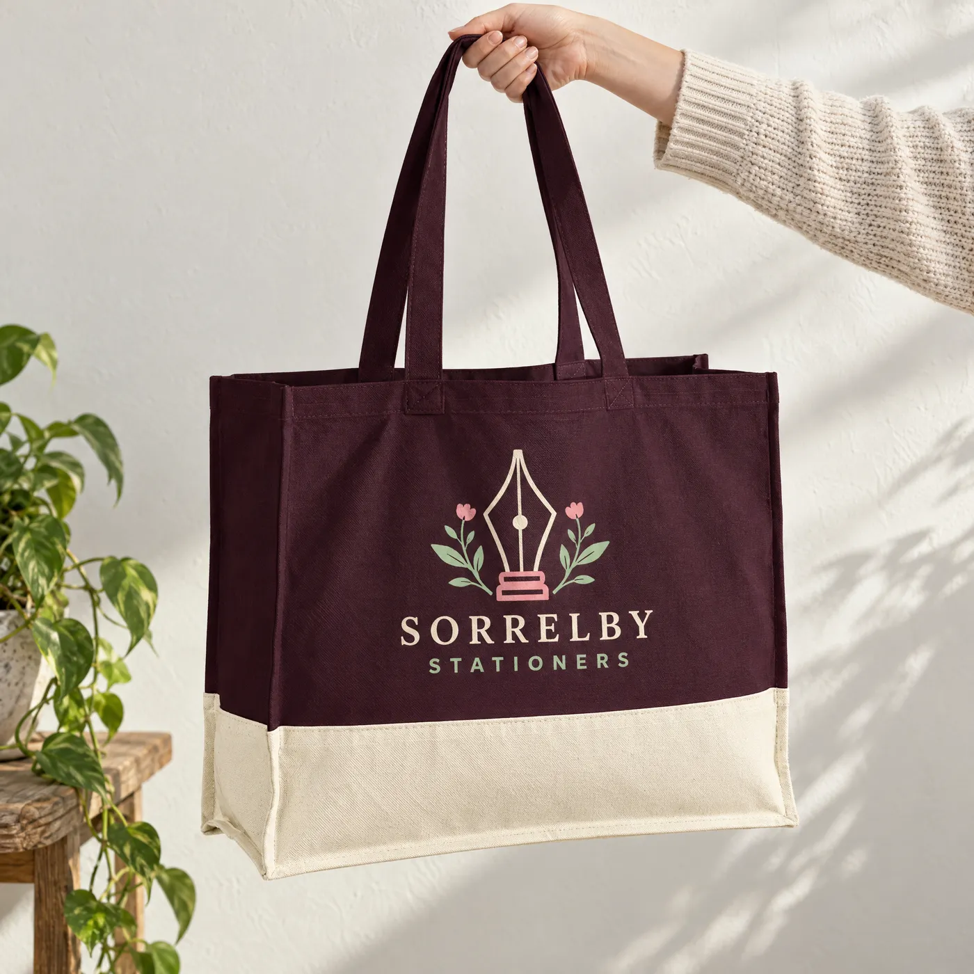 Oxblood and Natural Organic Canvas Contrast Tote lifestyle