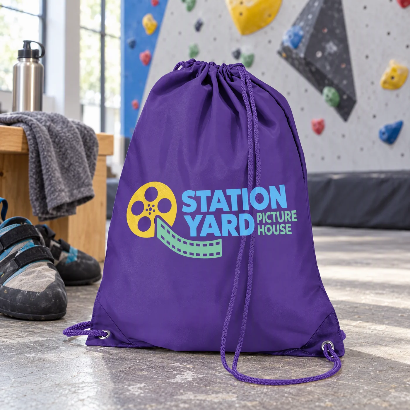 Purple Polyester Drawstring Bag with Matching Cords lifestyle
