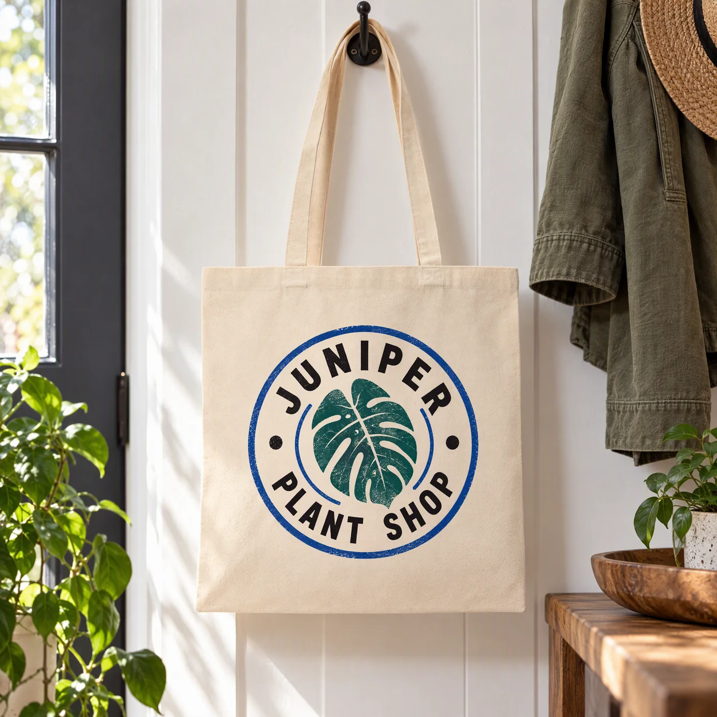 Natural recycled canvas tote printed with a Juniper Plant Shop logo, hanging on a hallway hook