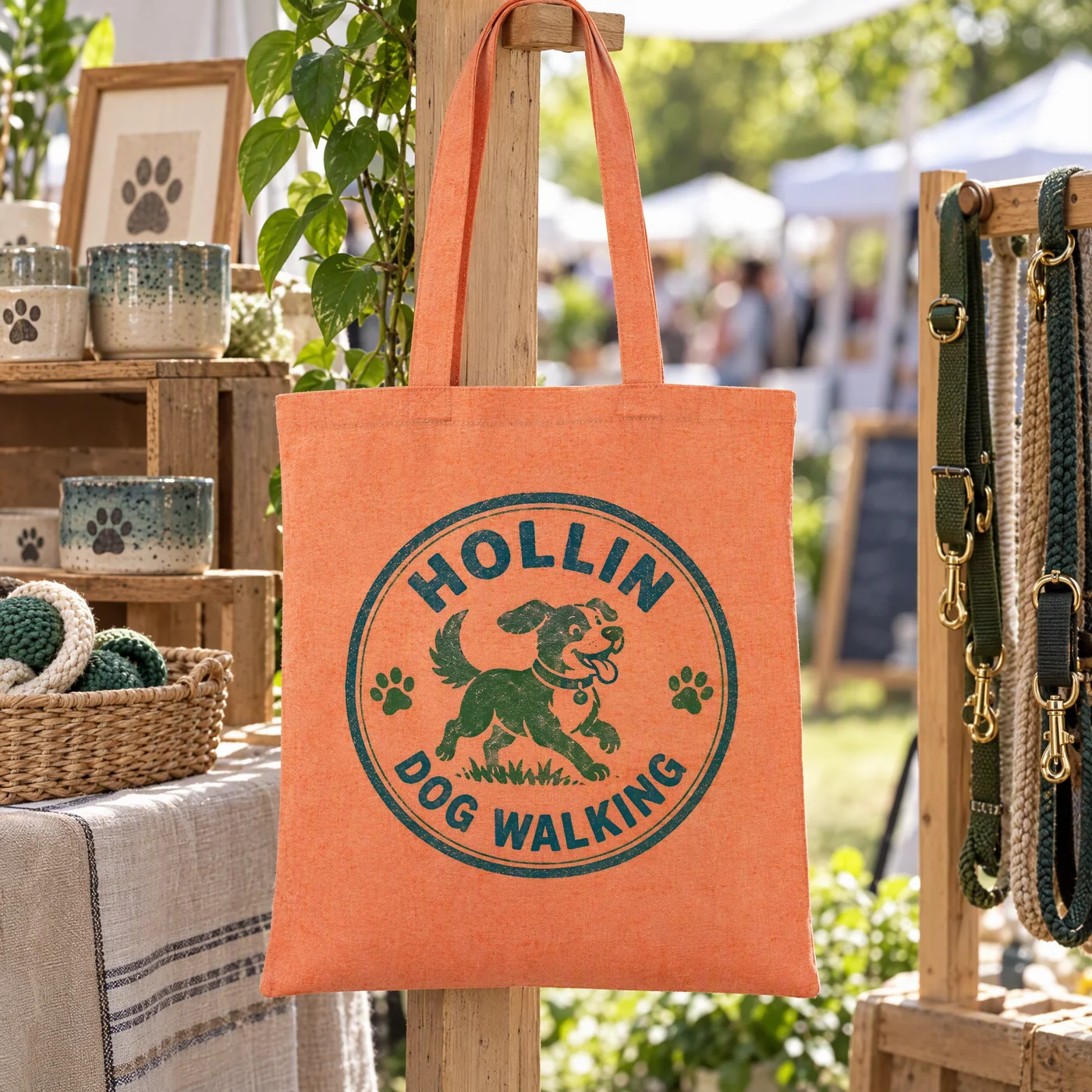 Orange marl recycled cotton shopper printed with a dog walking logo, hanging on a market stall