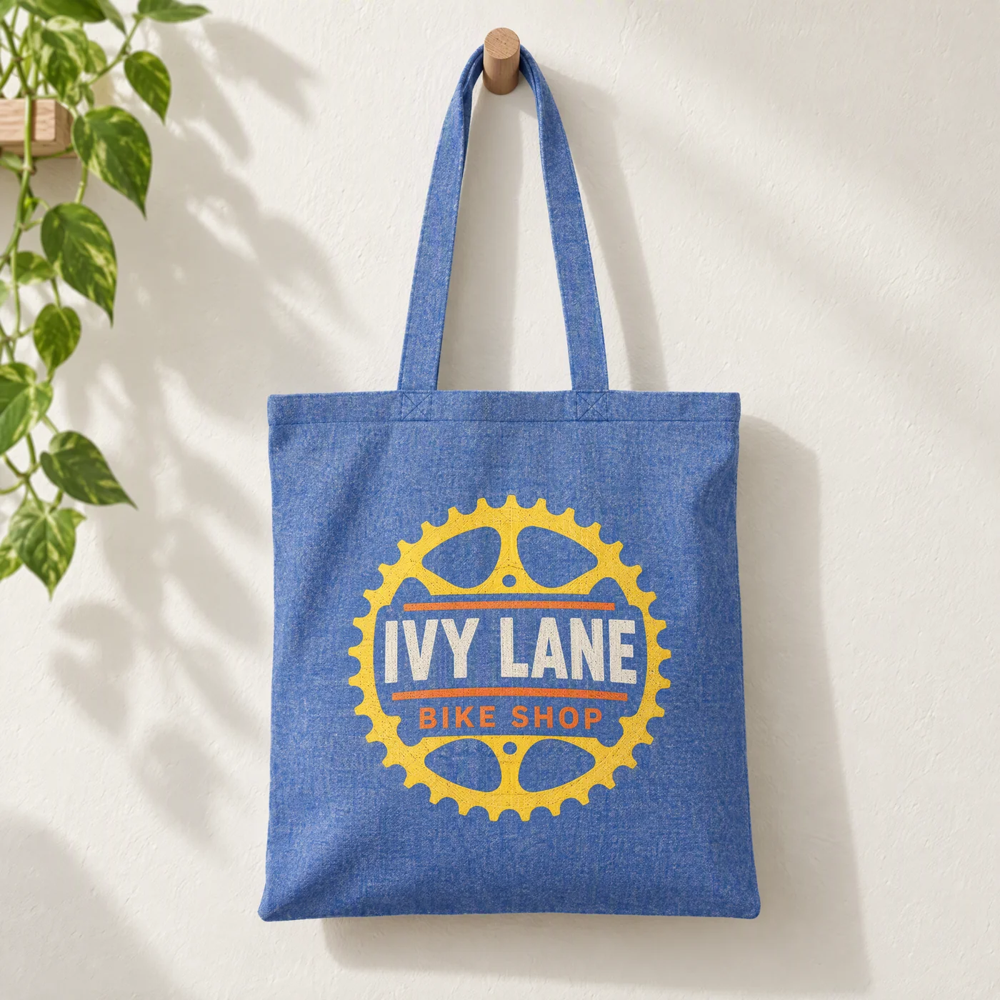 Royal marl recycled cotton shopper printed with a bike shop logo, hanging on a white wall