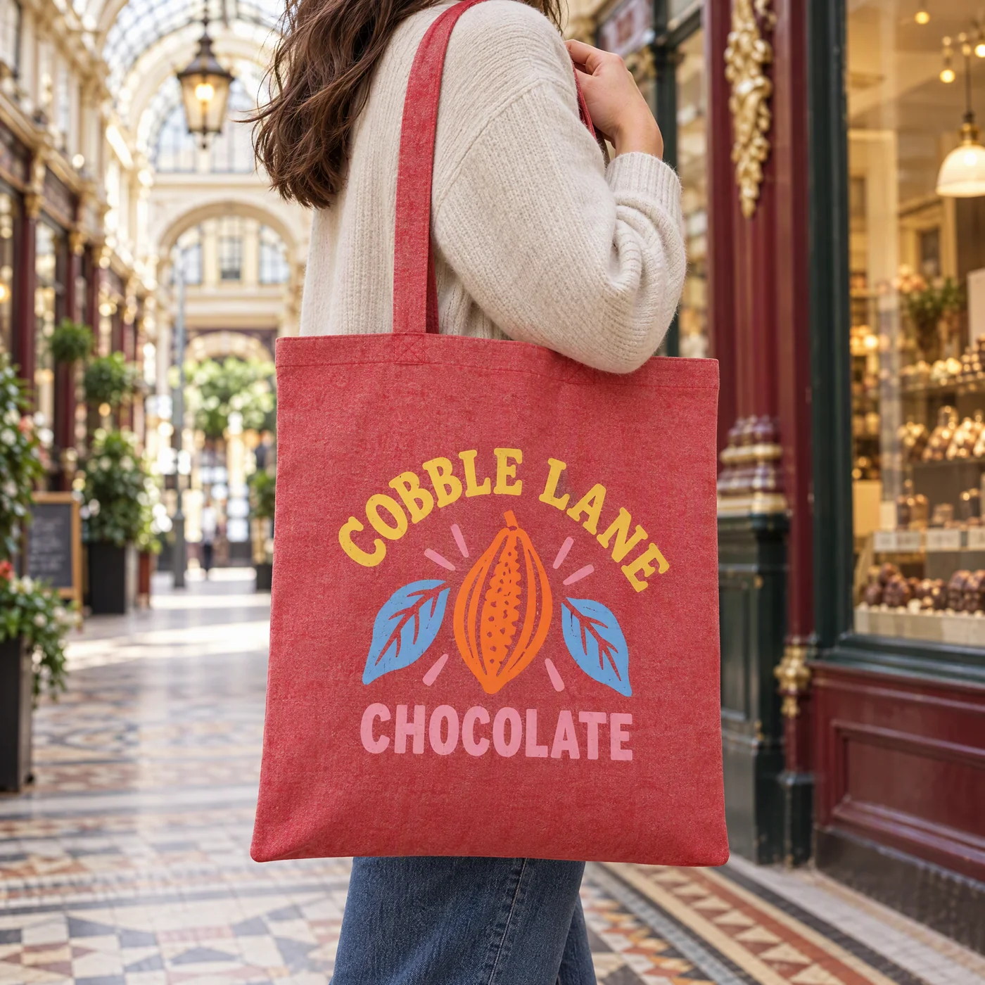 Red marl recycled cotton shopper printed with a chocolate shop logo, carried through a shopping arcade