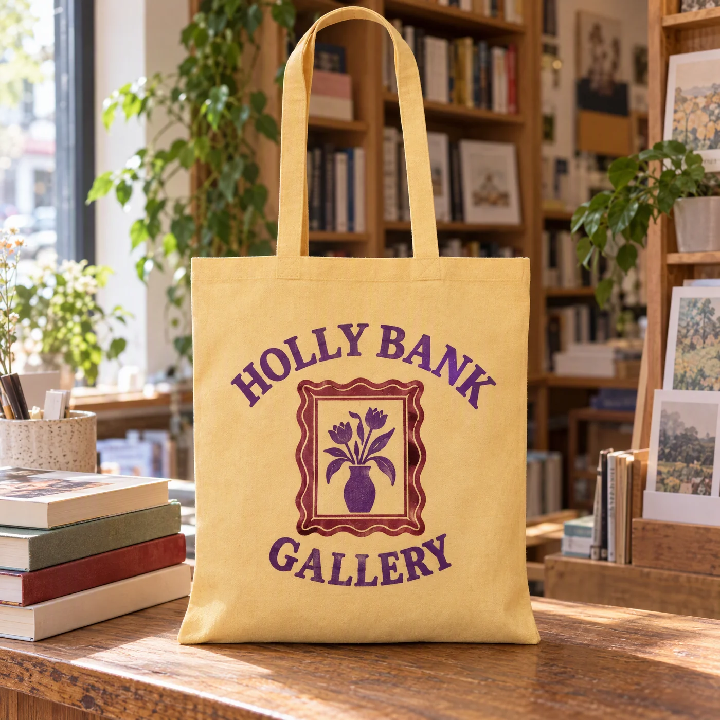 Yellow marl recycled cotton shopper printed with a gallery logo, on a table in a bookshop