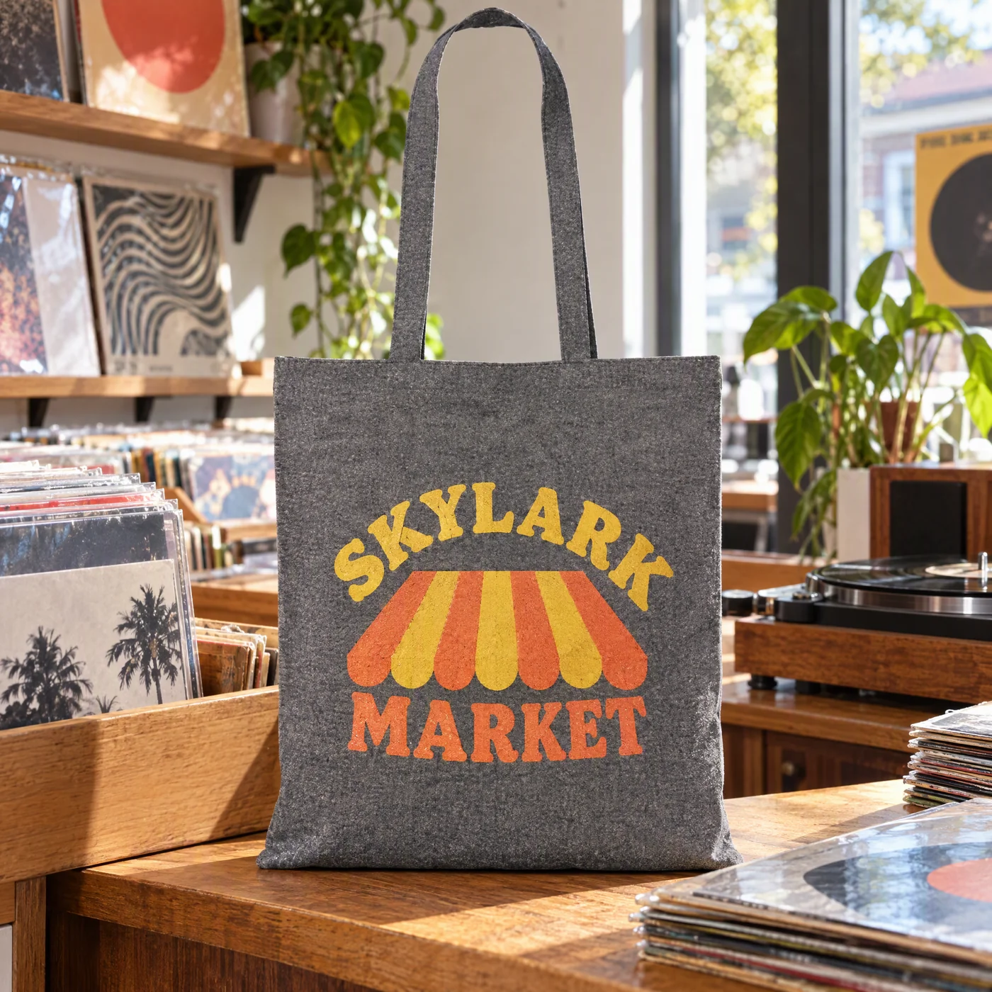 Black marl recycled cotton shopper printed with a market logo, in a record shop