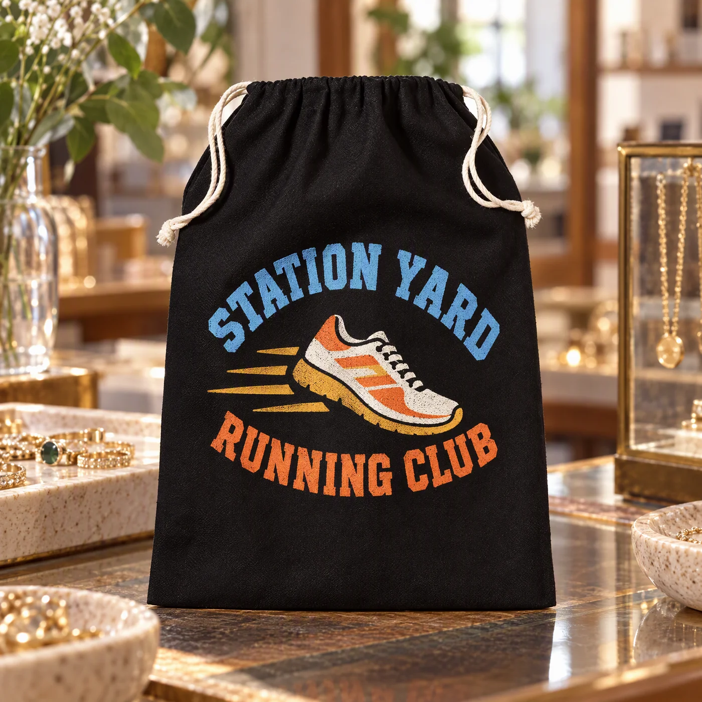 Black drawstring stuff bag printed with an orange Station Yard Running Club logo