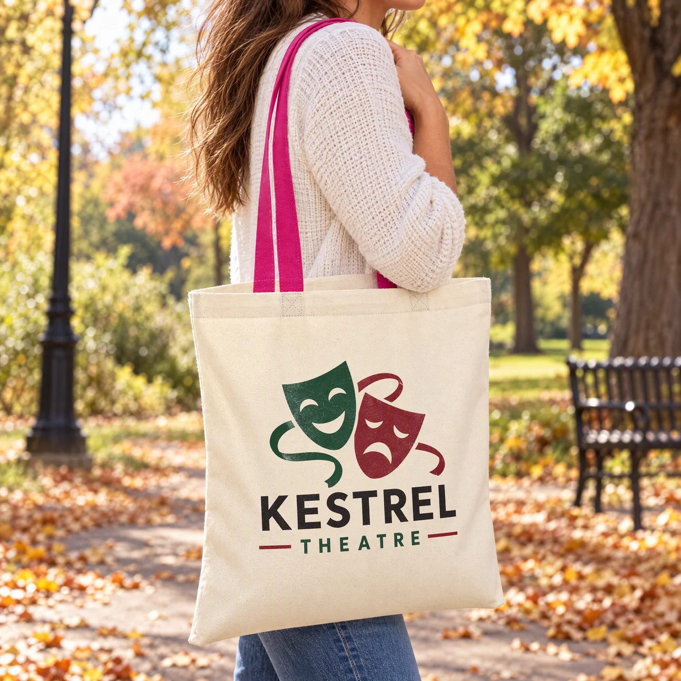Cotton Tote Bag with Fuchsia Pink Handles, Custom Printed lifestyle
