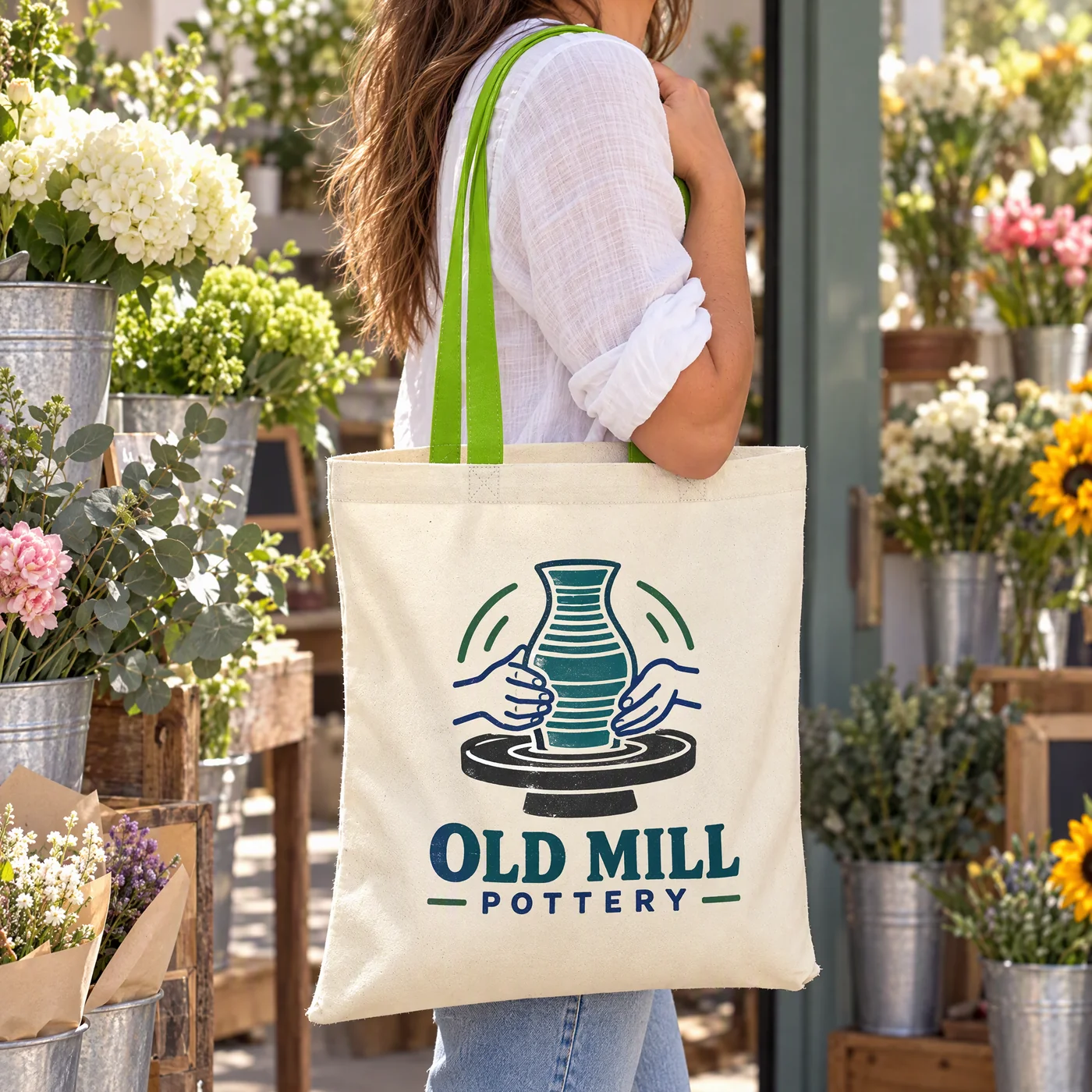 Natural Tote Bag with Lime Green Handles lifestyle