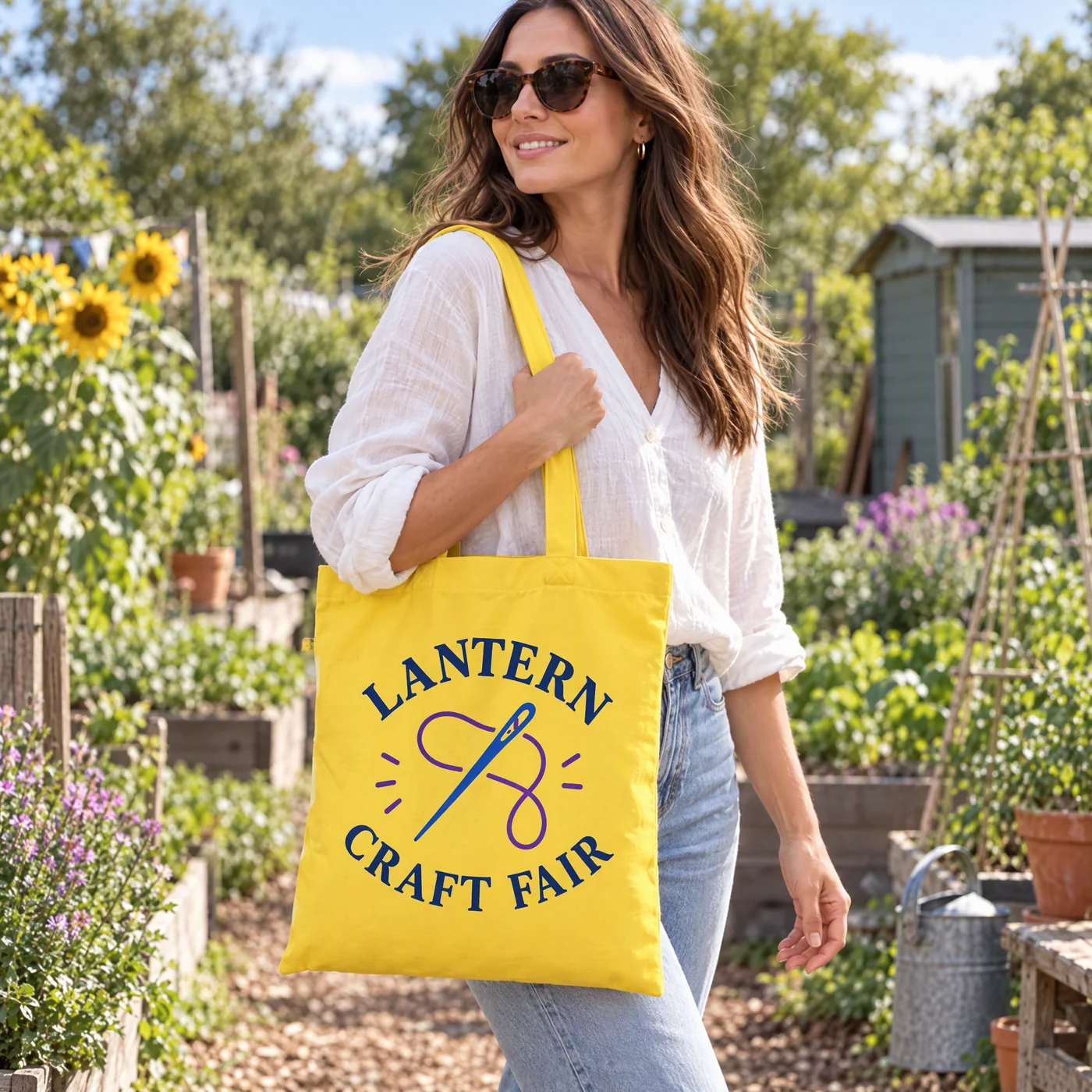 Woman carrying a yellow cotton tote printed with a craft fair logo past allotment gardens