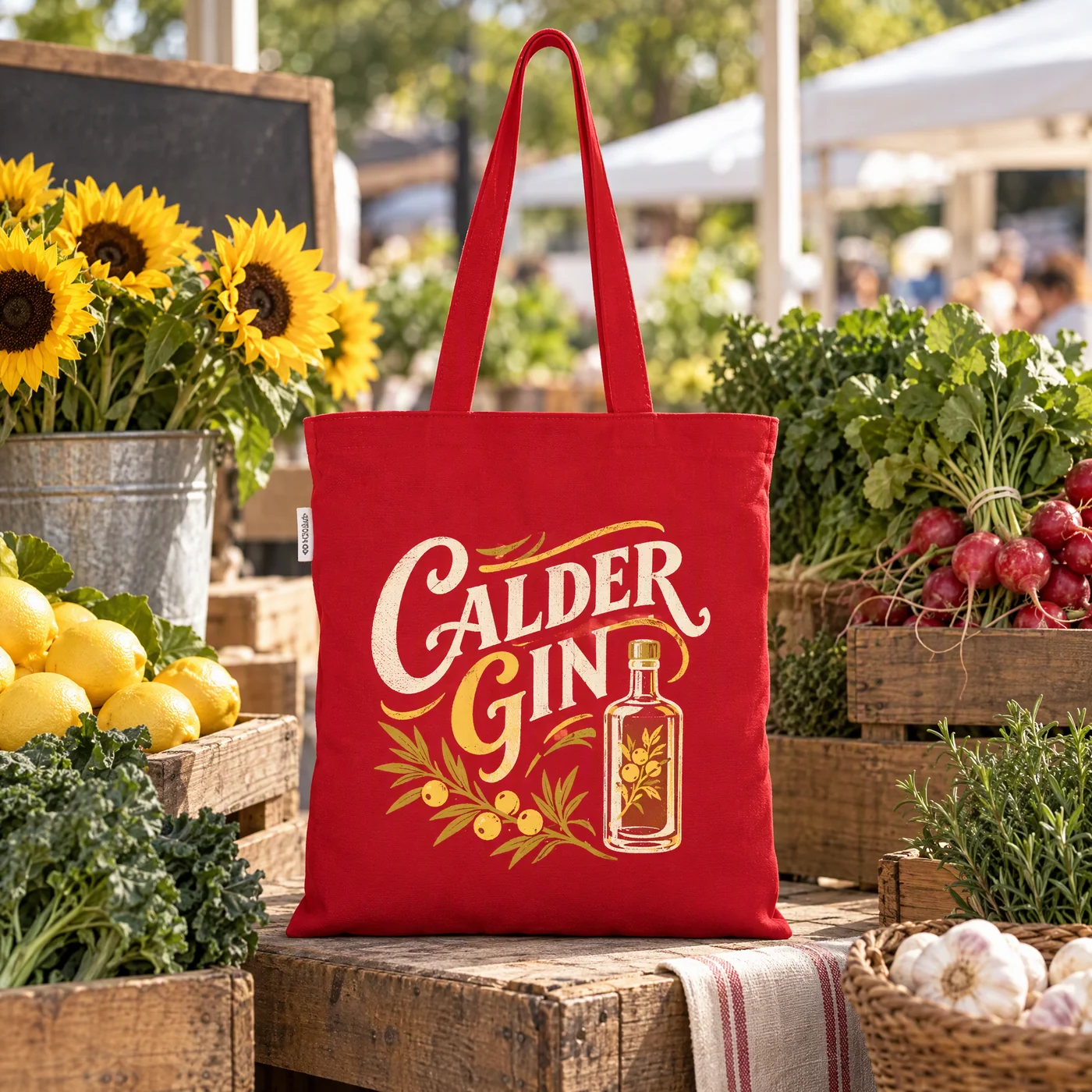 Red recycled cotton tote printed with a four-colour Calder Gin design, on a market stall with fresh produce
