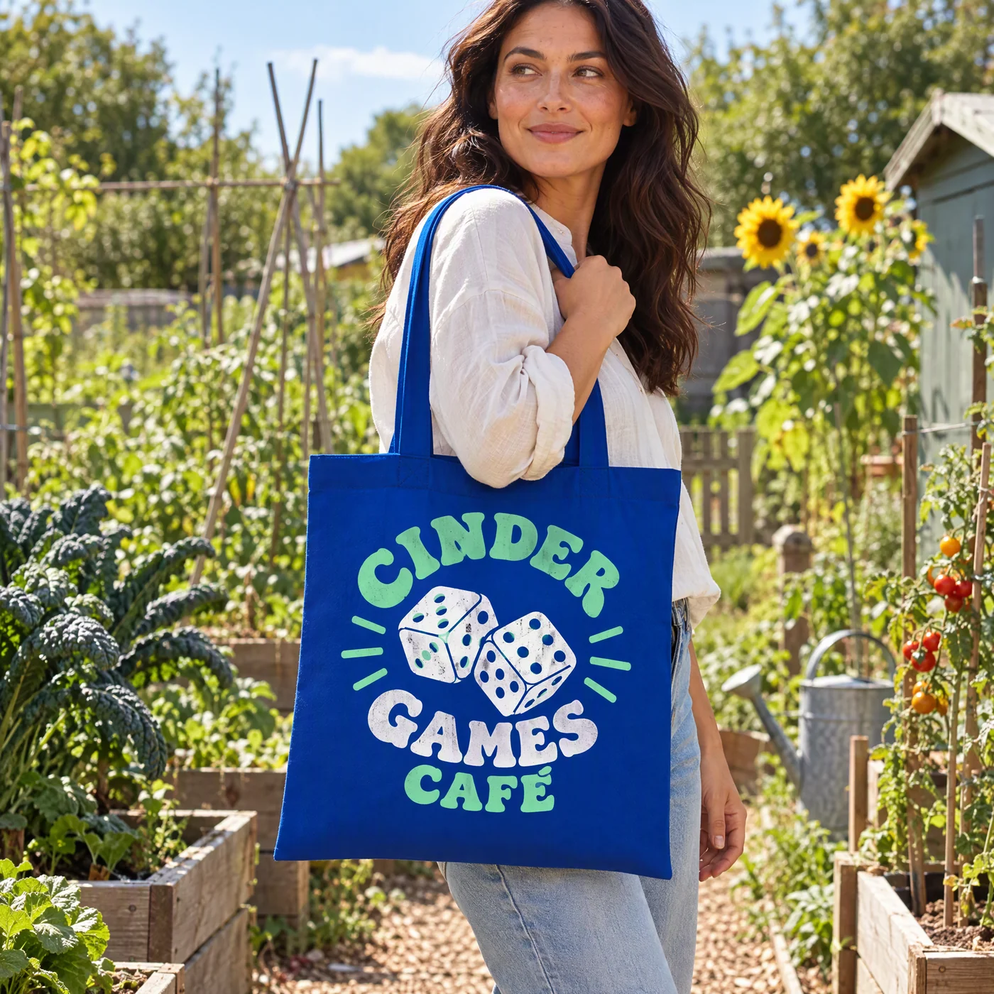 Bright Royal Blue Organic Cotton Tote Bag, Long Handles lifestyle