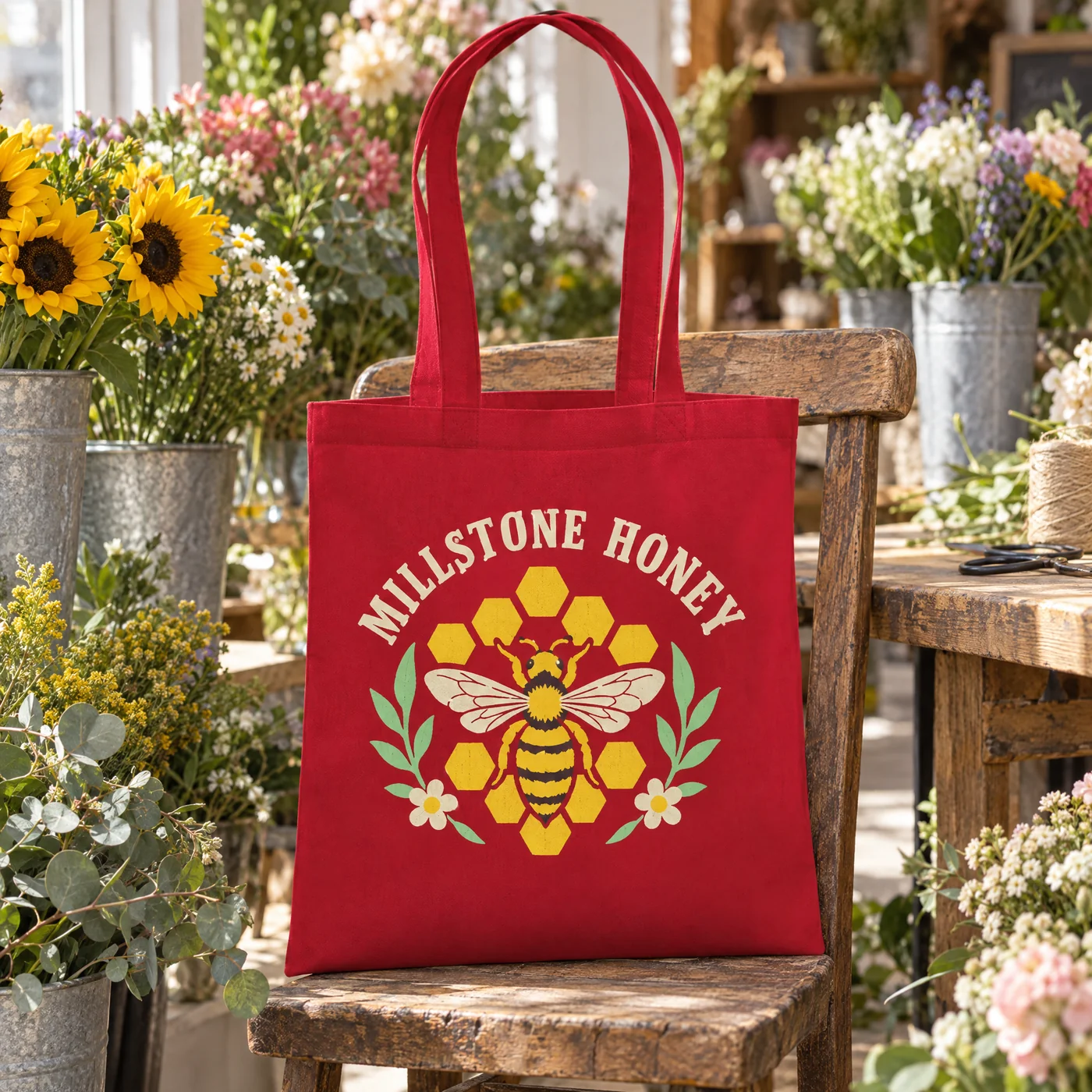 Organic Cotton Tote Bag in Classic Red with Your Print lifestyle
