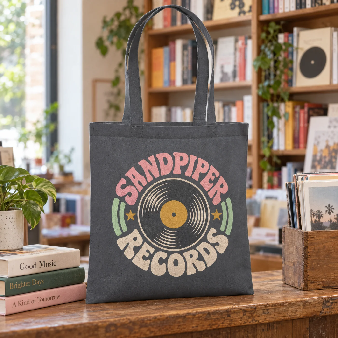Graphite grey organic cotton shopper printed with a record and shop name in pink, cream, ochre and mint, in a record shop