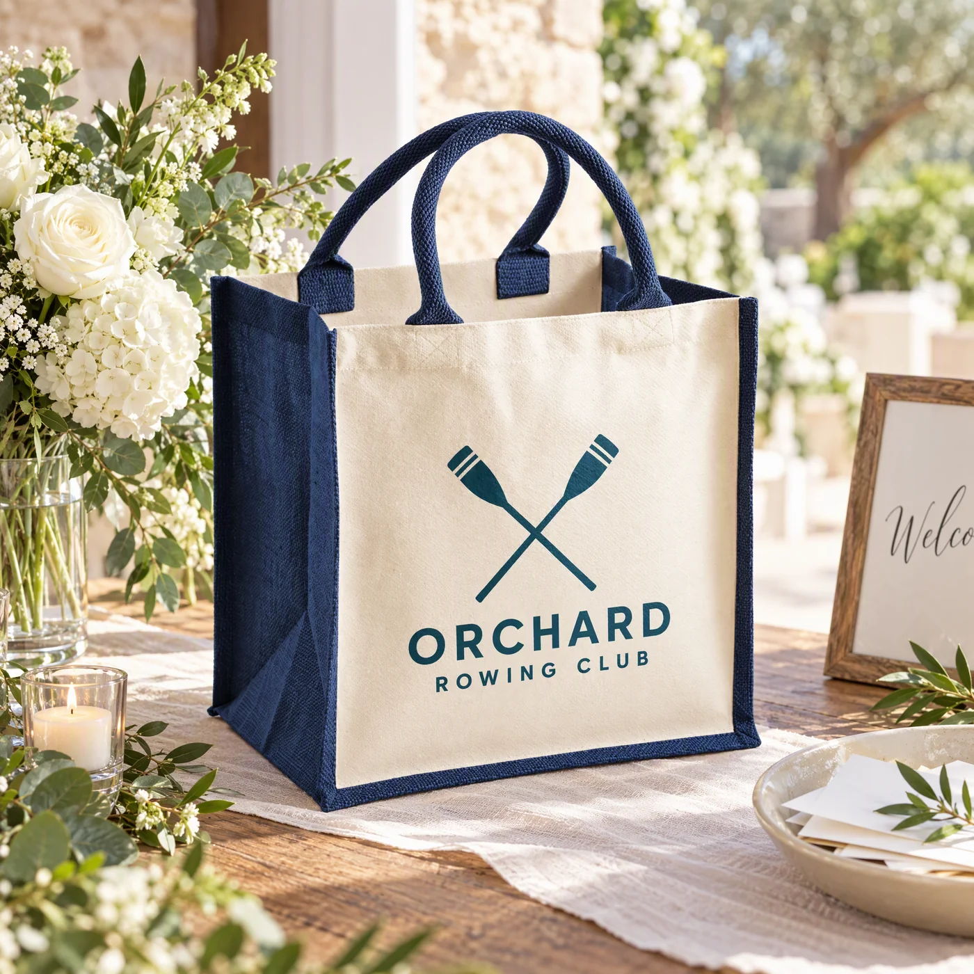 Printed Midi Jute Bag, Natural Canvas and Navy Jute lifestyle
