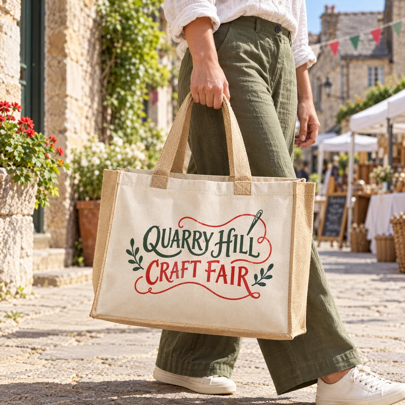 All-natural classic juco bag printed with a craft fair logo, carried along a market street