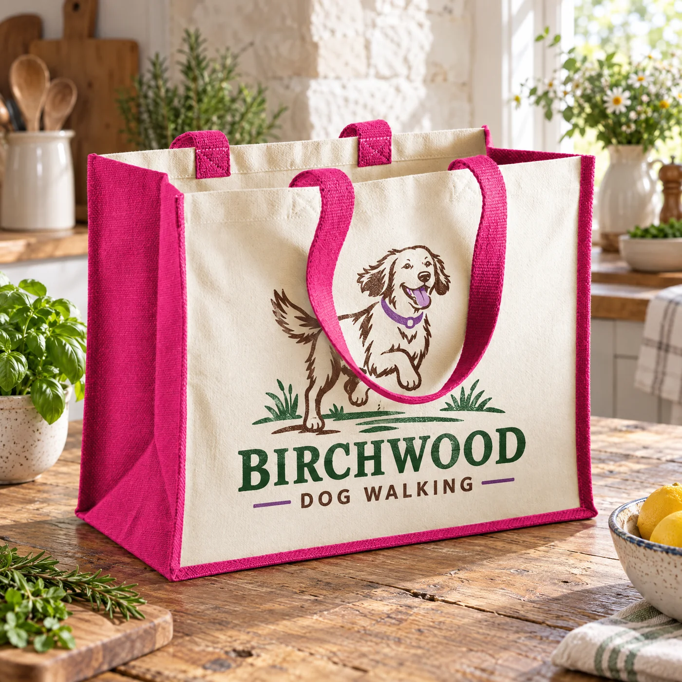 Classic juco bag with fuchsia sides and handles, printed with a dog walking logo, on a kitchen table