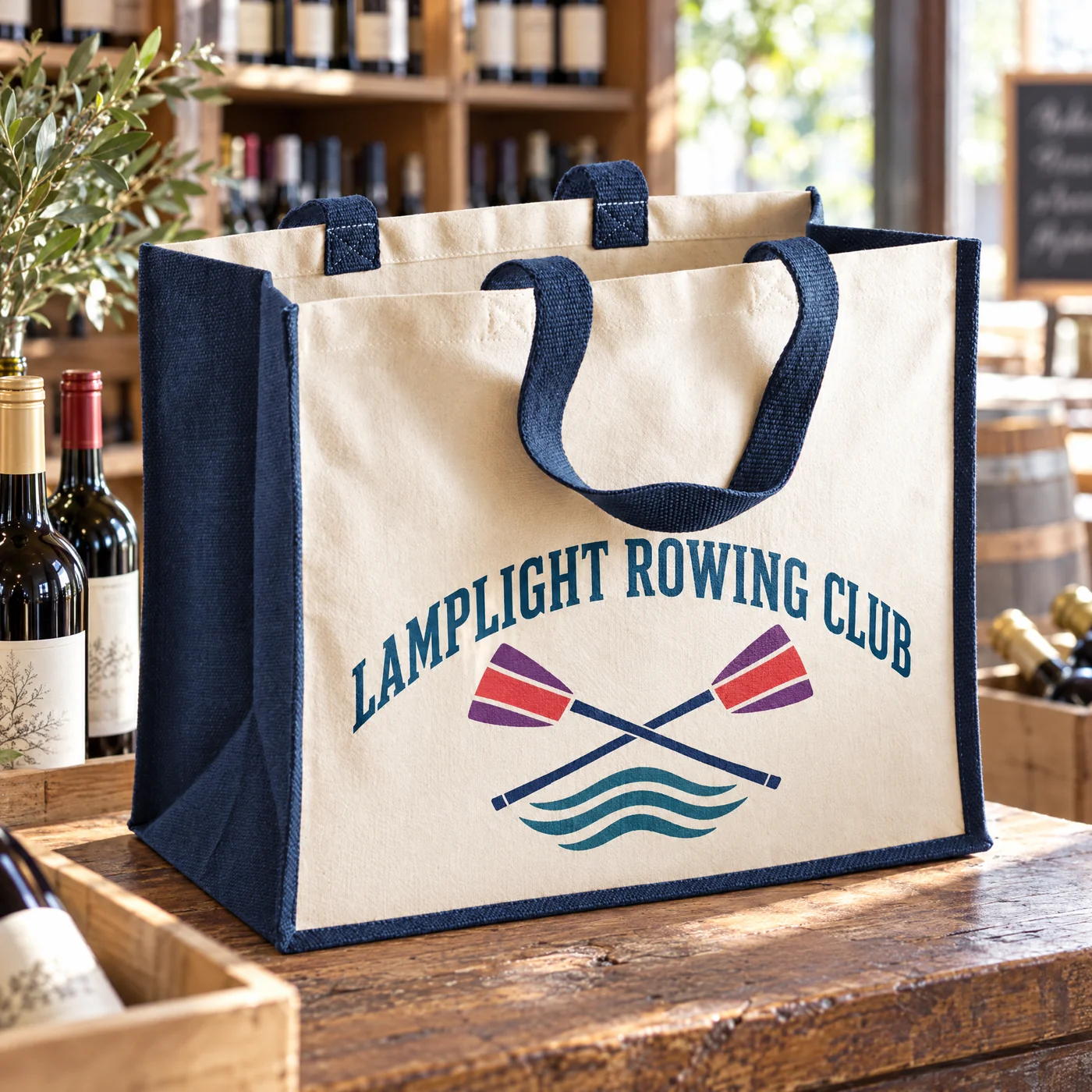 Classic juco bag with navy sides and handles, printed with a rowing club logo, in a wine shop