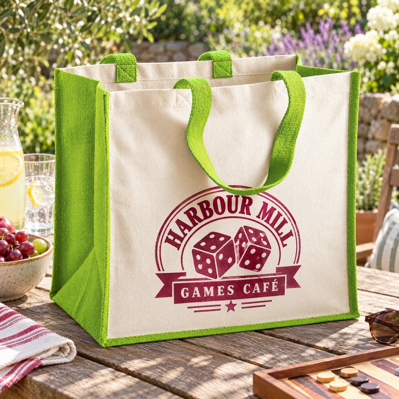 Classic juco bag with apple green sides and handles, printed with a games café logo, on a café table