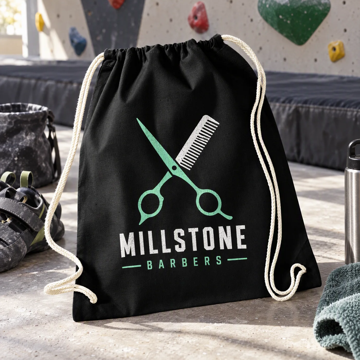 Black Cotton Drawstring Bag with White Rope Cords lifestyle