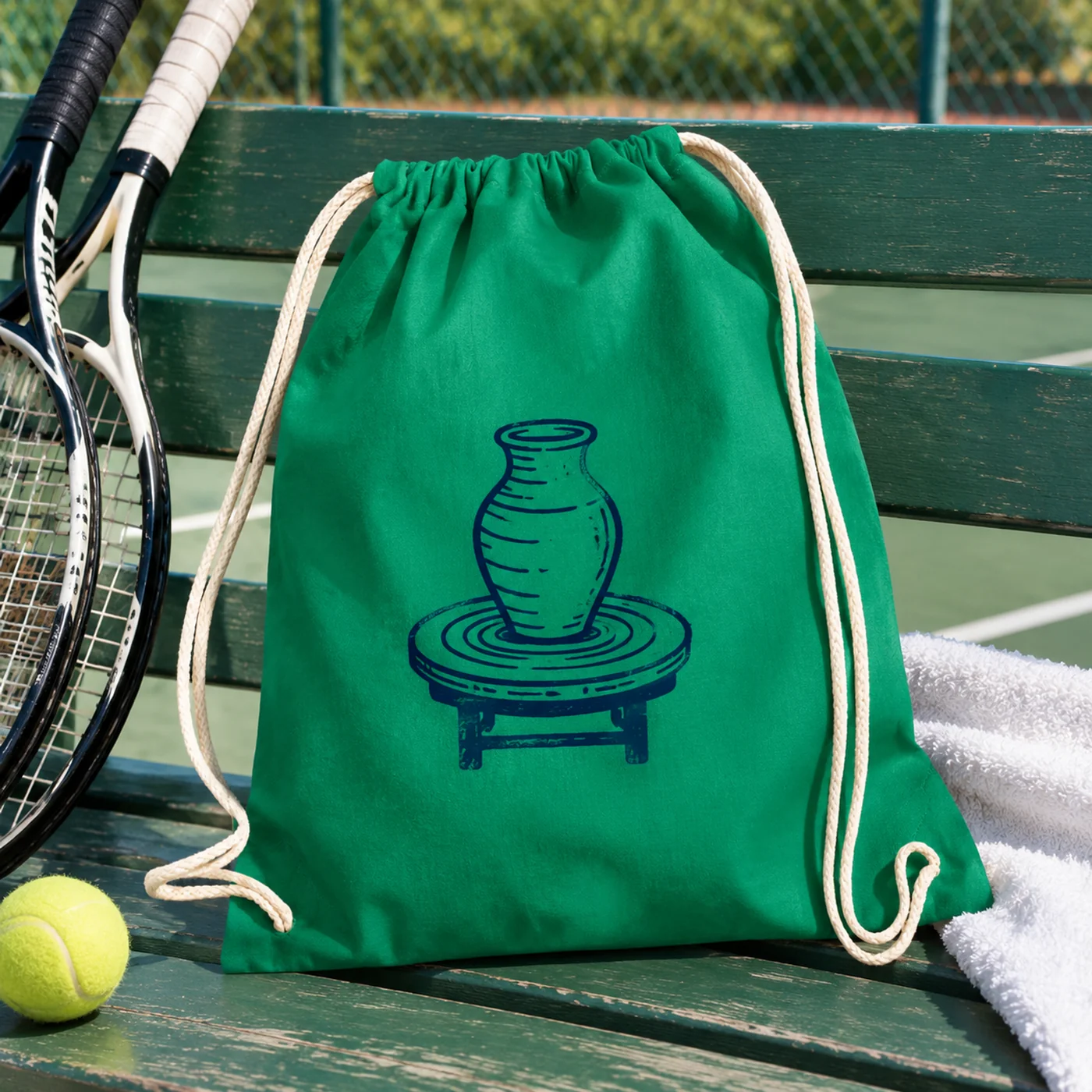 Kelly Green Drawstring Bag in 100% Cotton lifestyle