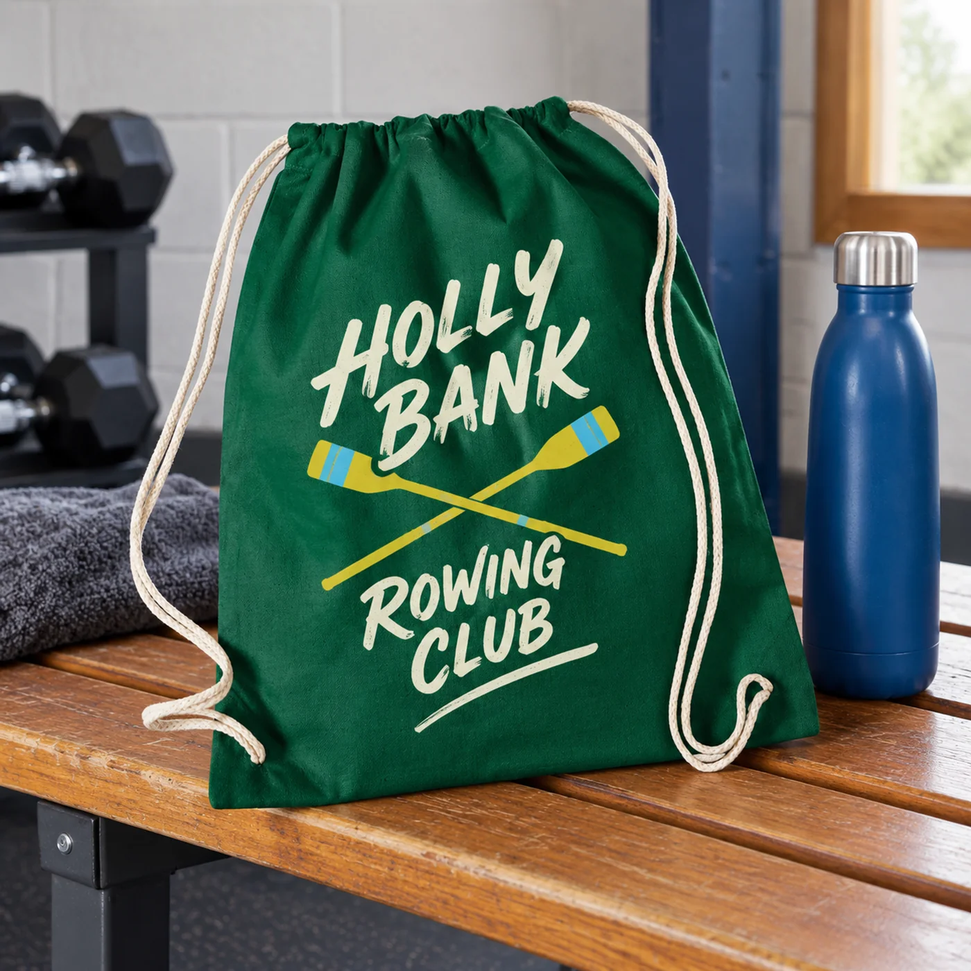 Bottle green cotton drawstring bag printed with a three-colour Holly Bank Rowing Club logo, on a gym bench beside a water bottle