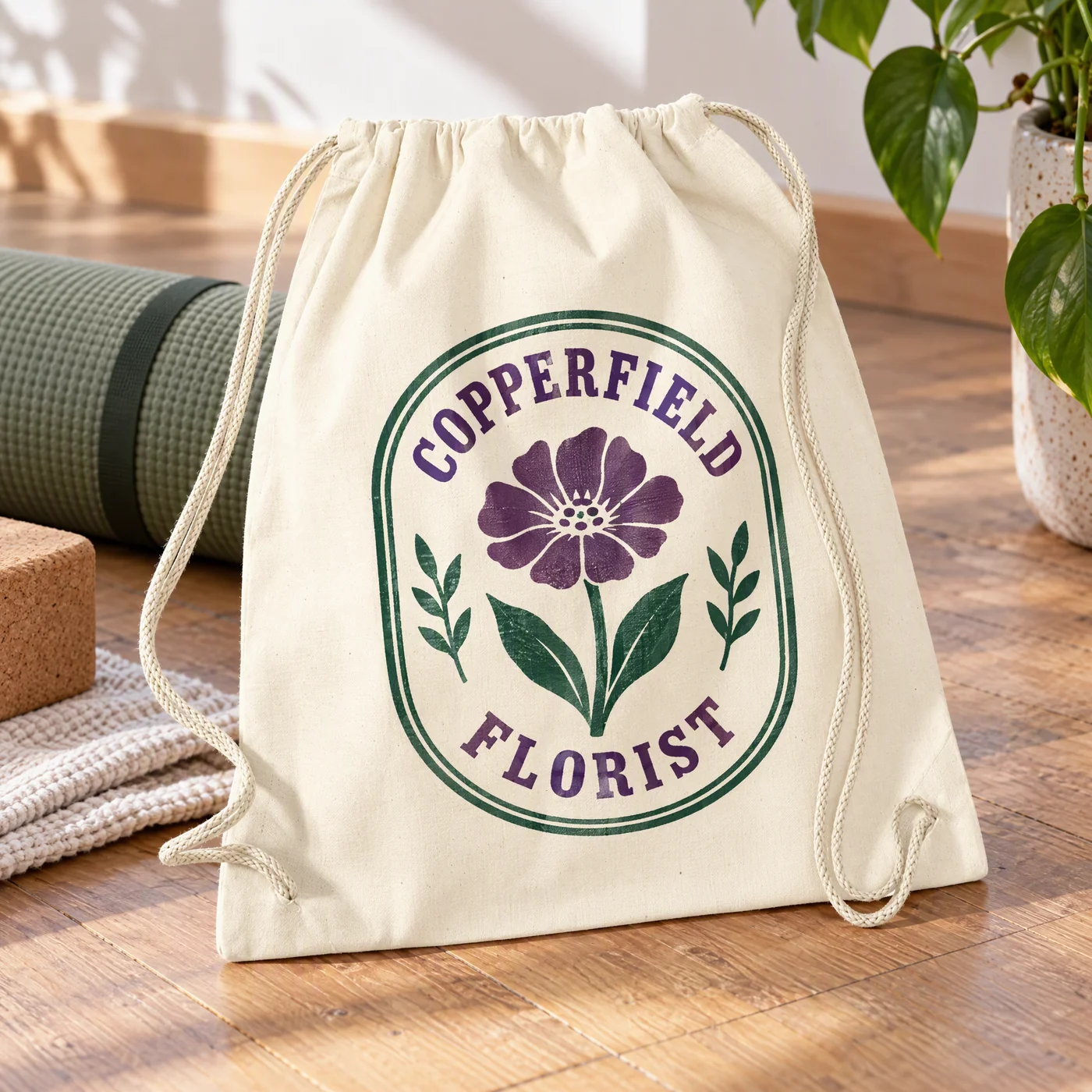 Printed Natural Cotton Drawstring Gym Bag lifestyle