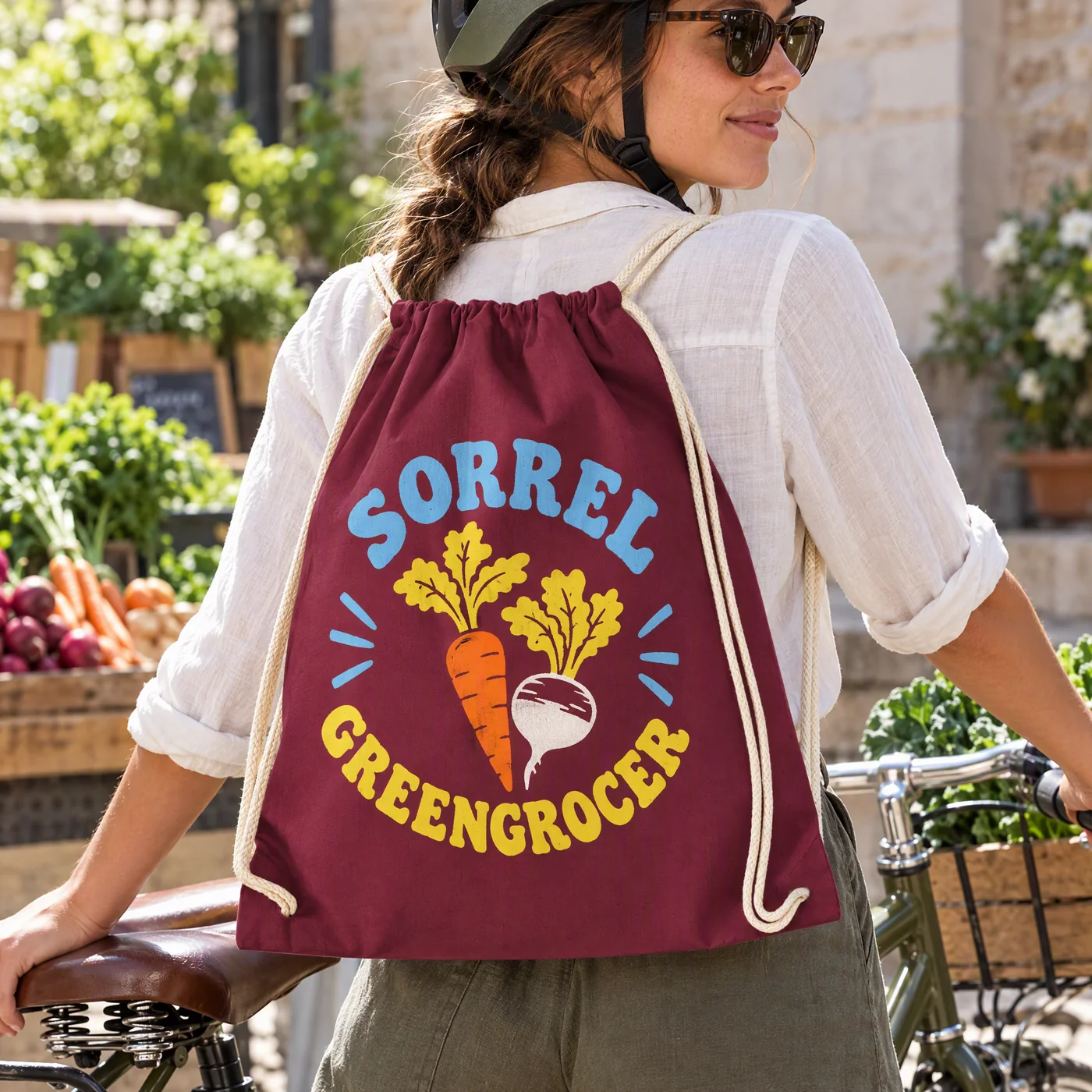Burgundy Cotton Drawstring Bag for Clubs and Schools lifestyle