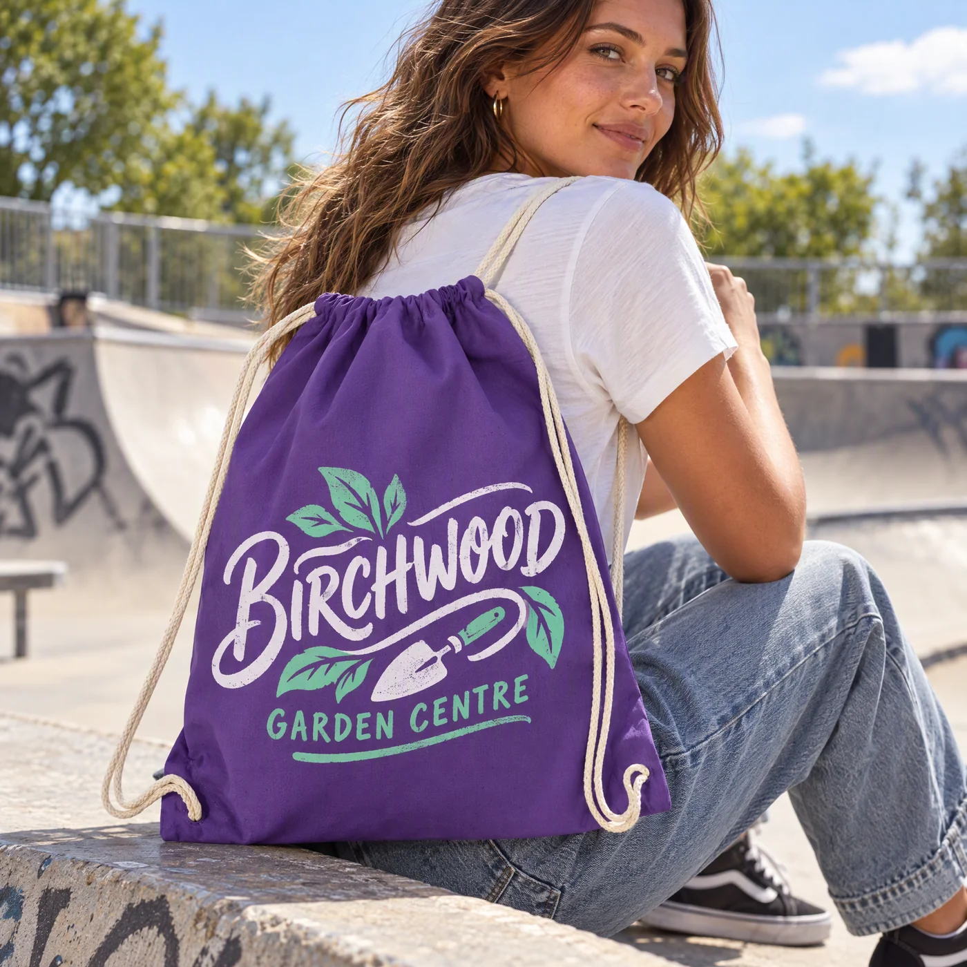 Cotton Drawstring Bag in Purple, Custom Printed lifestyle